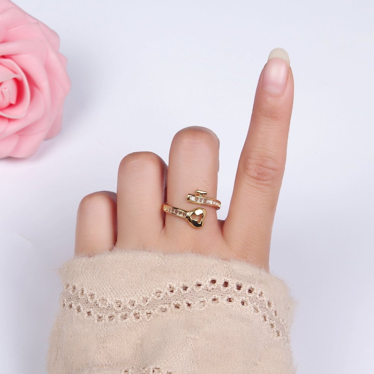 14K Gold Filled Baguette CZ Lined Heart Padlock Ring | O1379 - DLUXCA