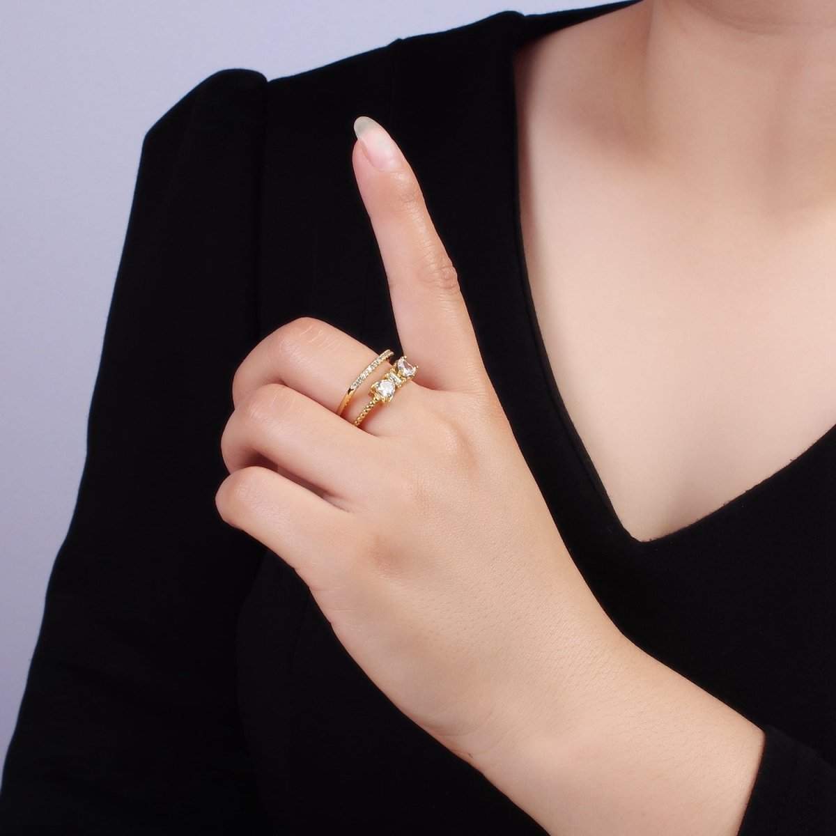 14K Gold Filled Baguette Heart CZ Micro Paved Double Band Ring | O1380 - DLUXCA