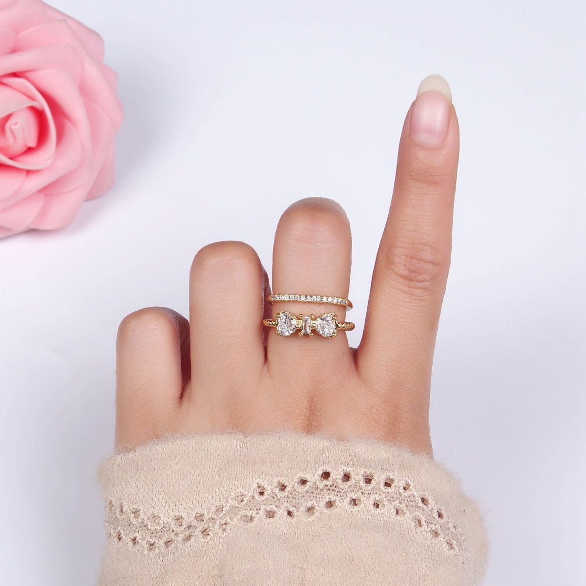 14K Gold Filled Baguette Heart CZ Micro Paved Double Band Ring | O1380 - DLUXCA