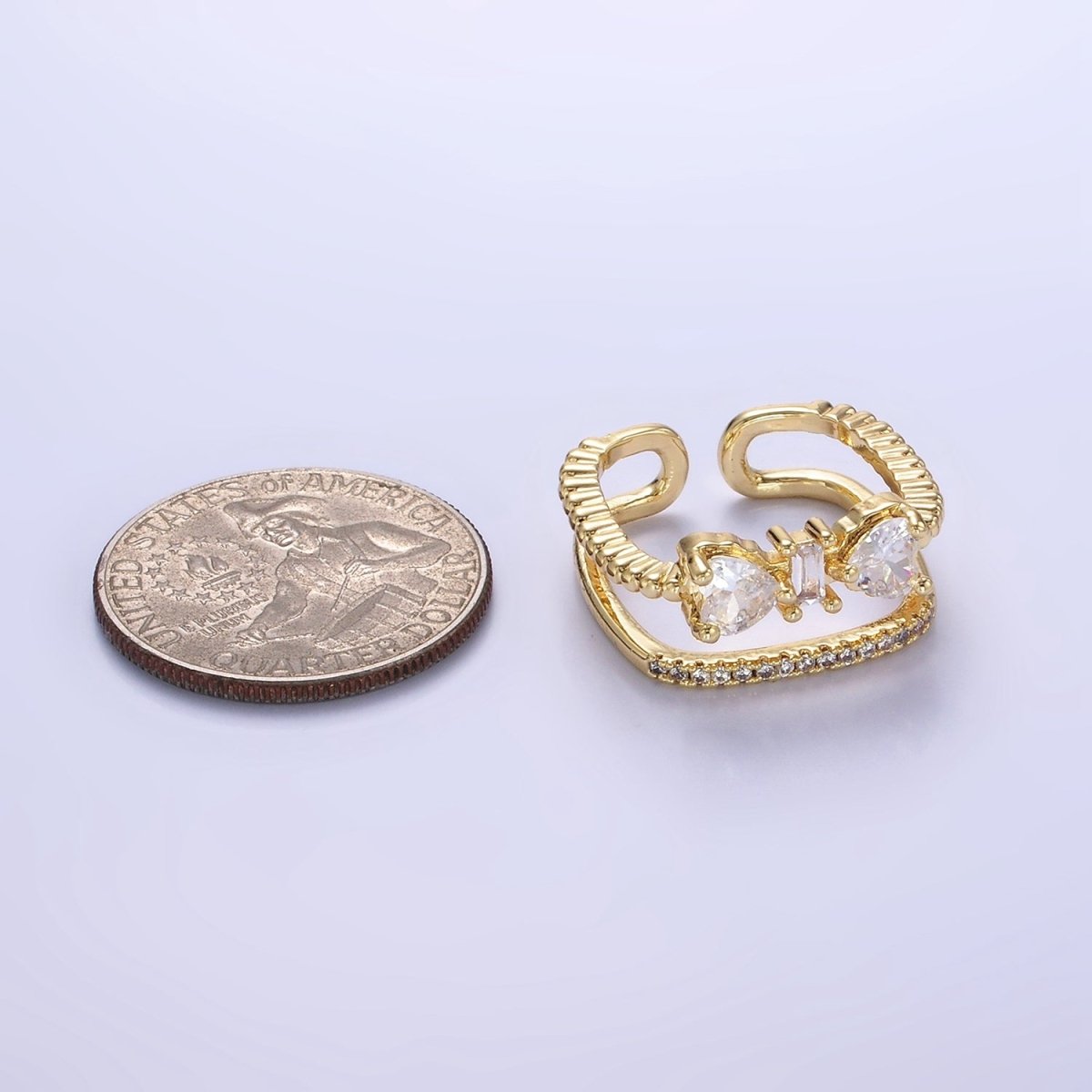 14K Gold Filled Baguette Heart CZ Micro Paved Double Band Ring | O1380 - DLUXCA