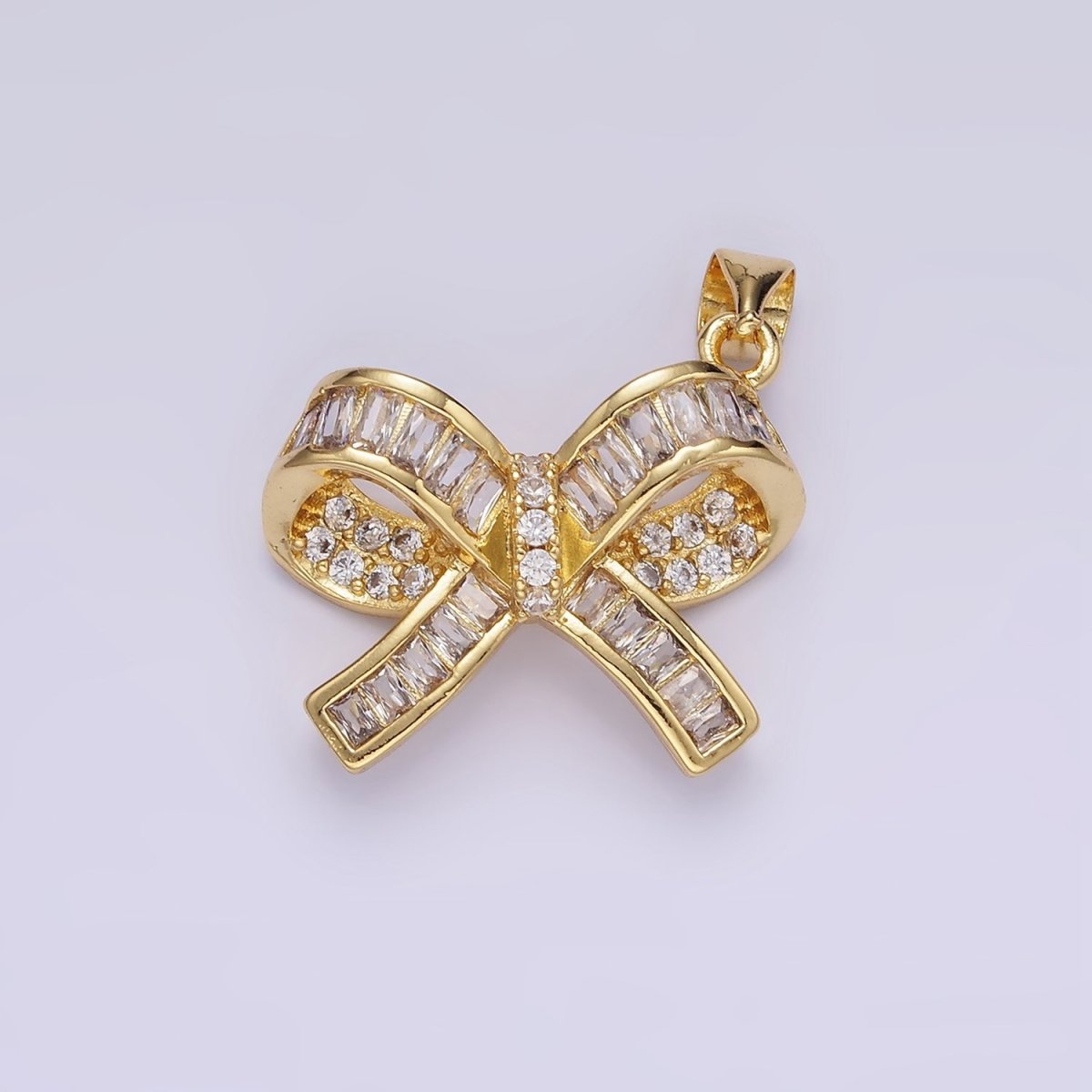 14K Gold Filled Baguette Micro Paved CZ Ribbon Bow Pendant | H136 - DLUXCA