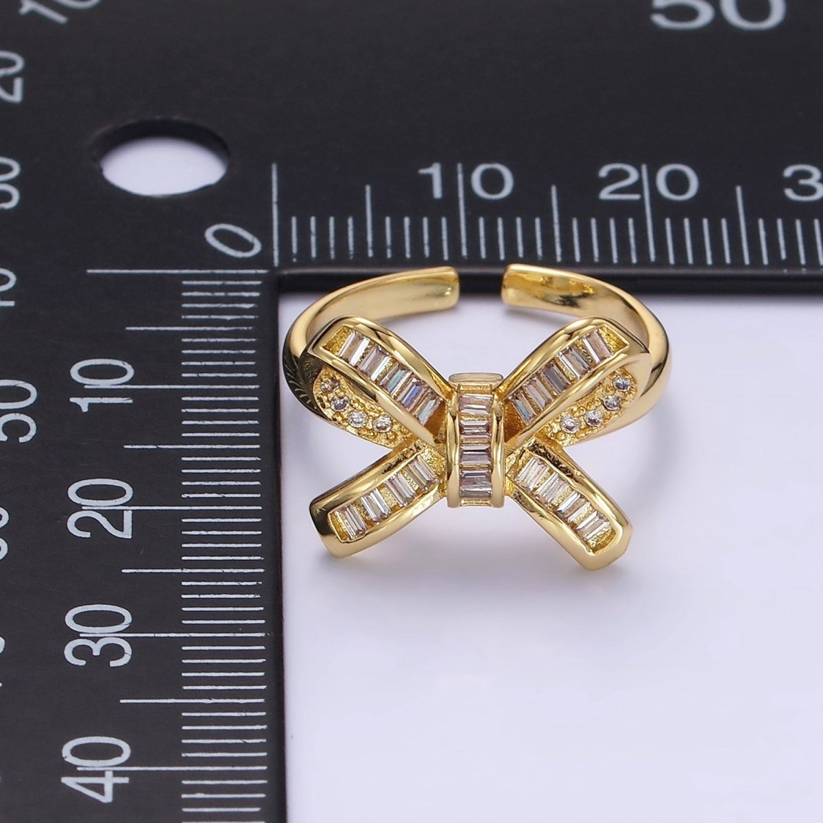 14K Gold Filled Baguette Micro Paved Ribbon Bow Ring | O245 - DLUXCA