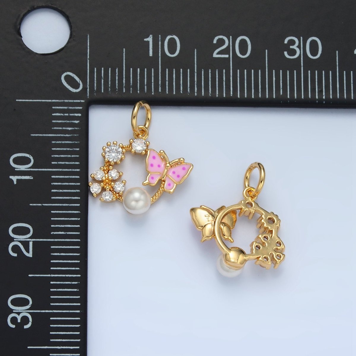 14K Gold Filled Butterfly Enamel CZ Flower Pearl Open Round Charm | AG946 - DLUXCA