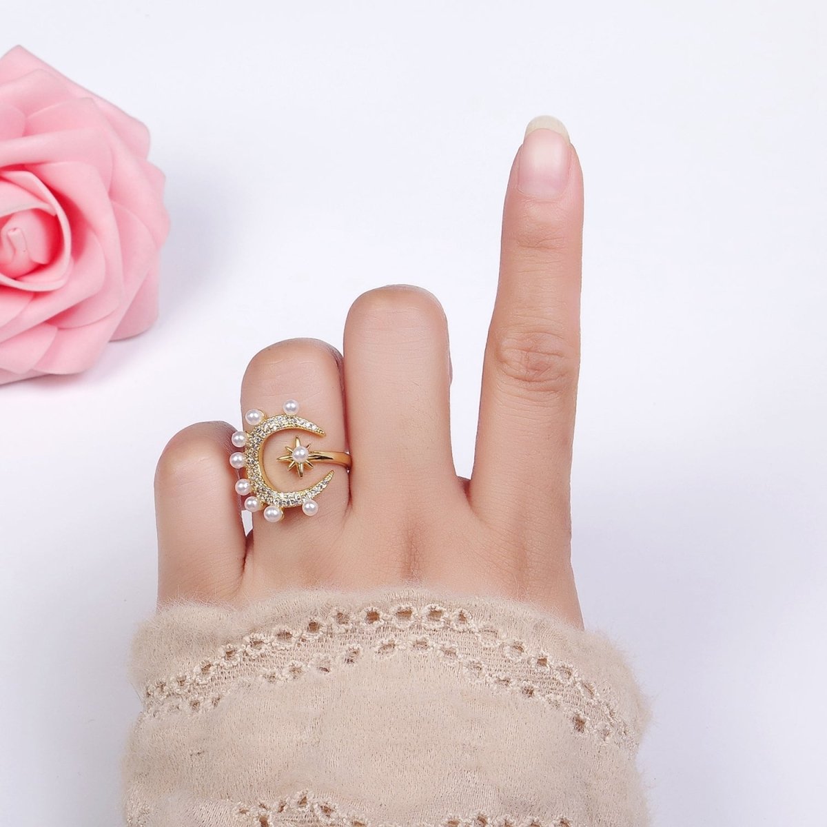 14K Gold Filled Celestial Crescent Moon Star Micro Paved CZ Pearl Ring | O095 - DLUXCA