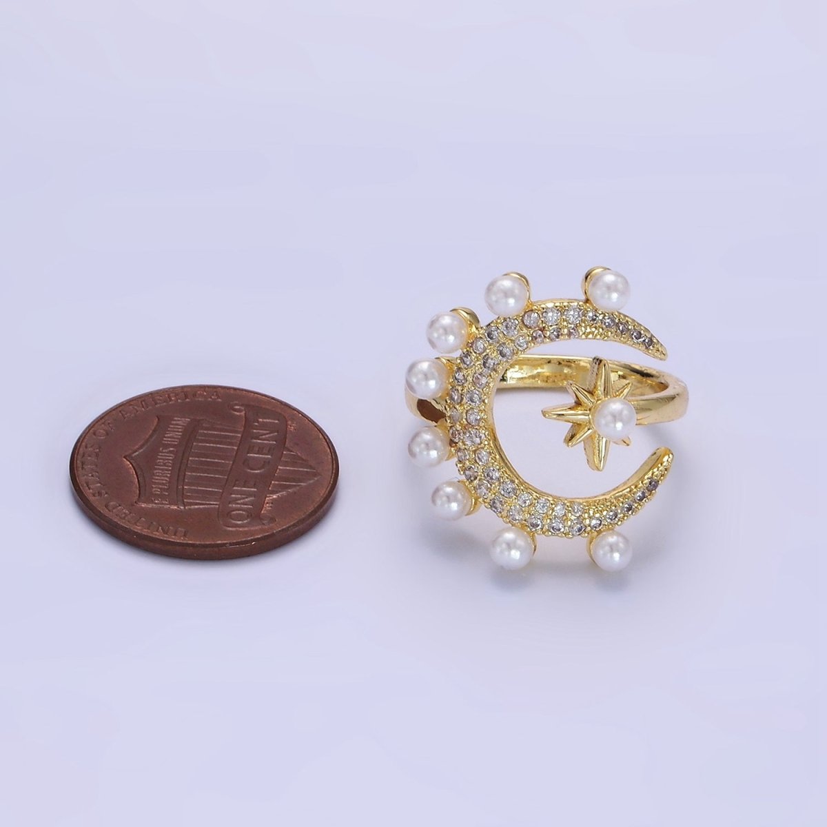 14K Gold Filled Celestial Crescent Moon Star Micro Paved CZ Pearl Ring | O095 - DLUXCA
