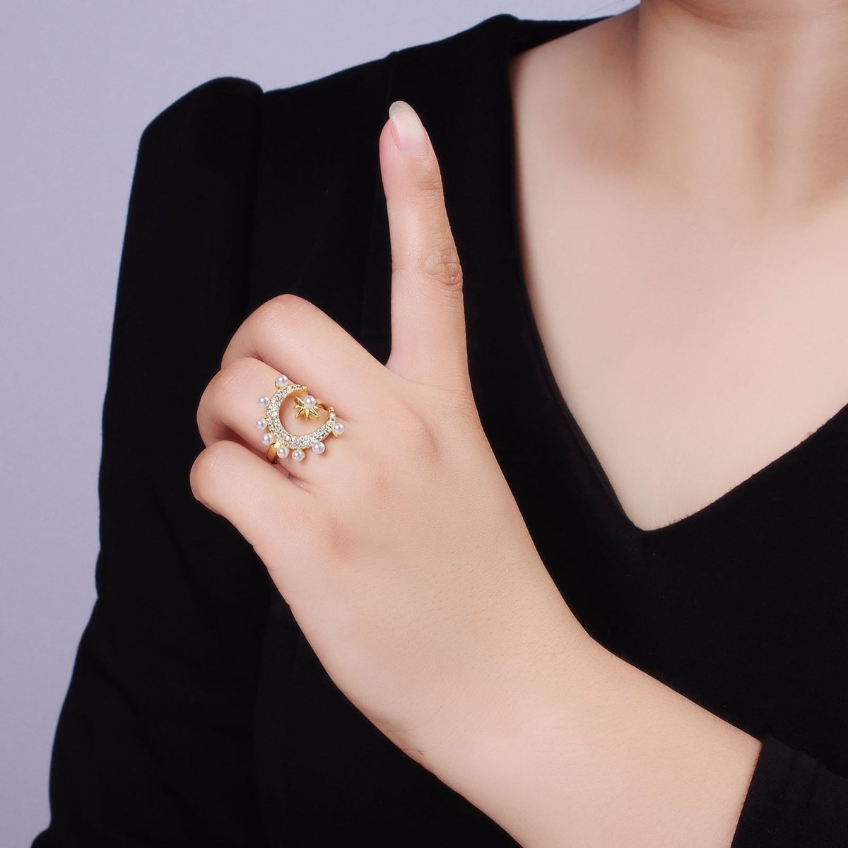14K Gold Filled Celestial Crescent Moon Star Micro Paved CZ Pearl Ring | O095 - DLUXCA