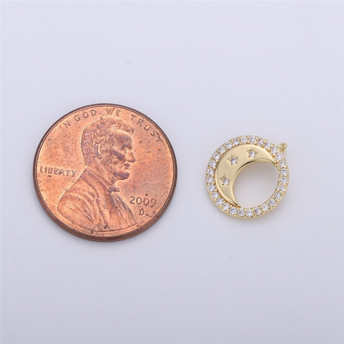 14K Gold Filled Celestial Crescent Moon Stars Micro Paved CZ Back Loop Circular Charm | C129 - DLUXCA