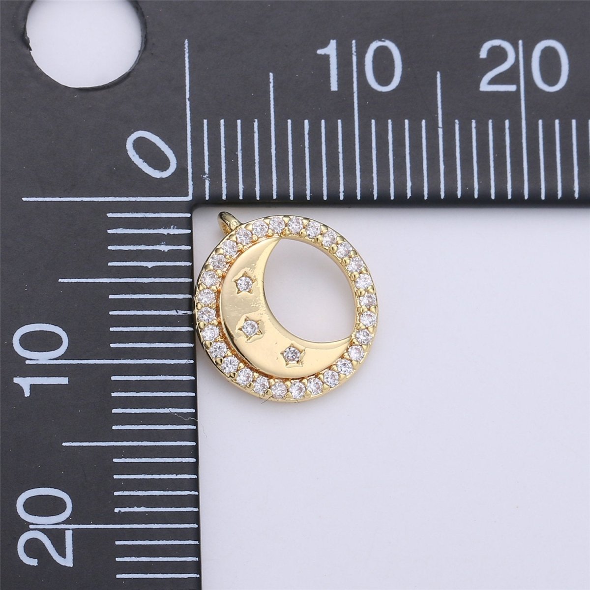 14K Gold Filled Celestial Crescent Moon Stars Micro Paved CZ Back Loop Circular Charm | C129 - DLUXCA