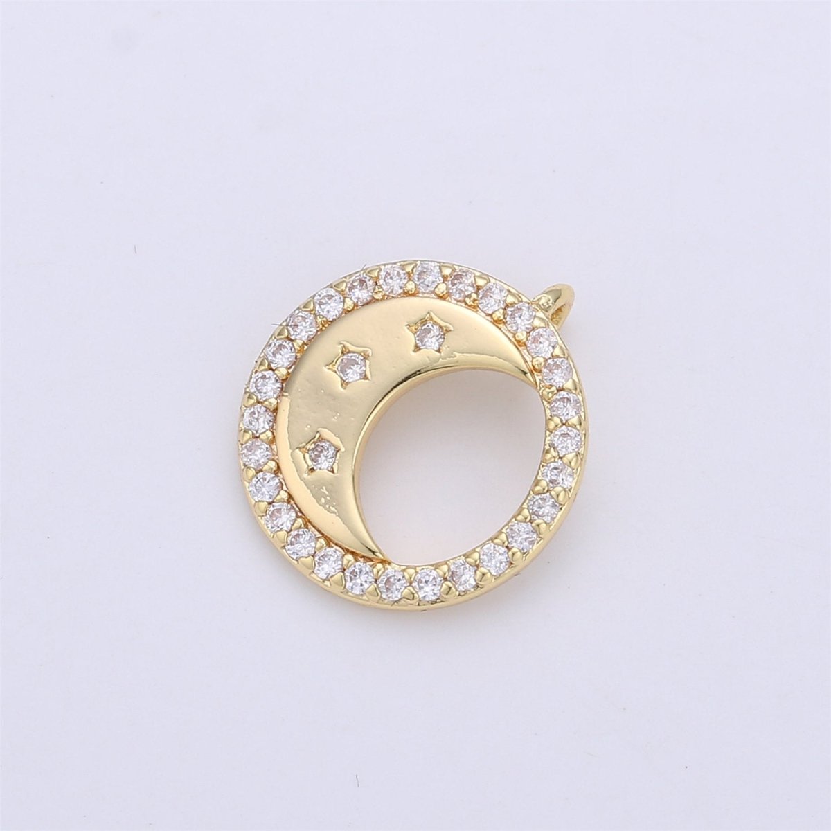 14K Gold Filled Celestial Crescent Moon Stars Micro Paved CZ Back Loop Circular Charm | C129 - DLUXCA