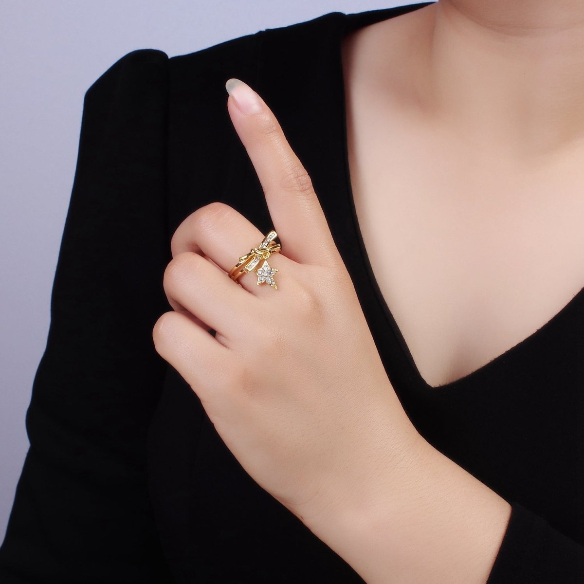 14K Gold Filled Celestial Star Knot Micro Paved Double Band Ring | O1382 - DLUXCA