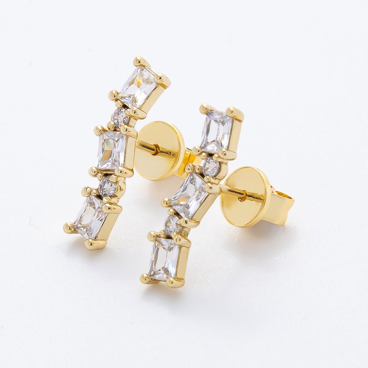 14K Gold Filled Clear Baguette Round Geometric Linear Drop Stud Earrings | AJ235 - DLUXCA