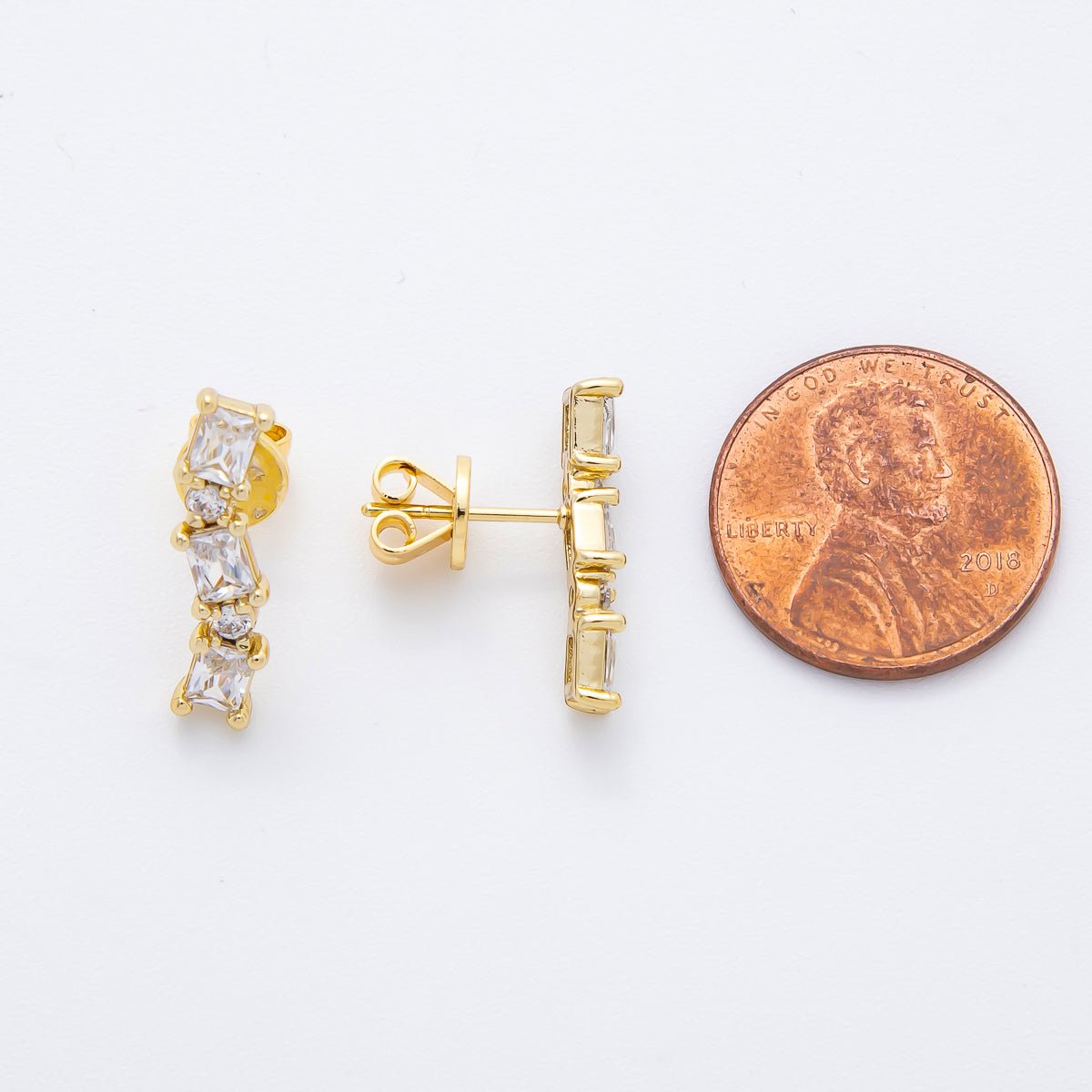 14K Gold Filled Clear Baguette Round Geometric Linear Drop Stud Earrings | AJ235 - DLUXCA