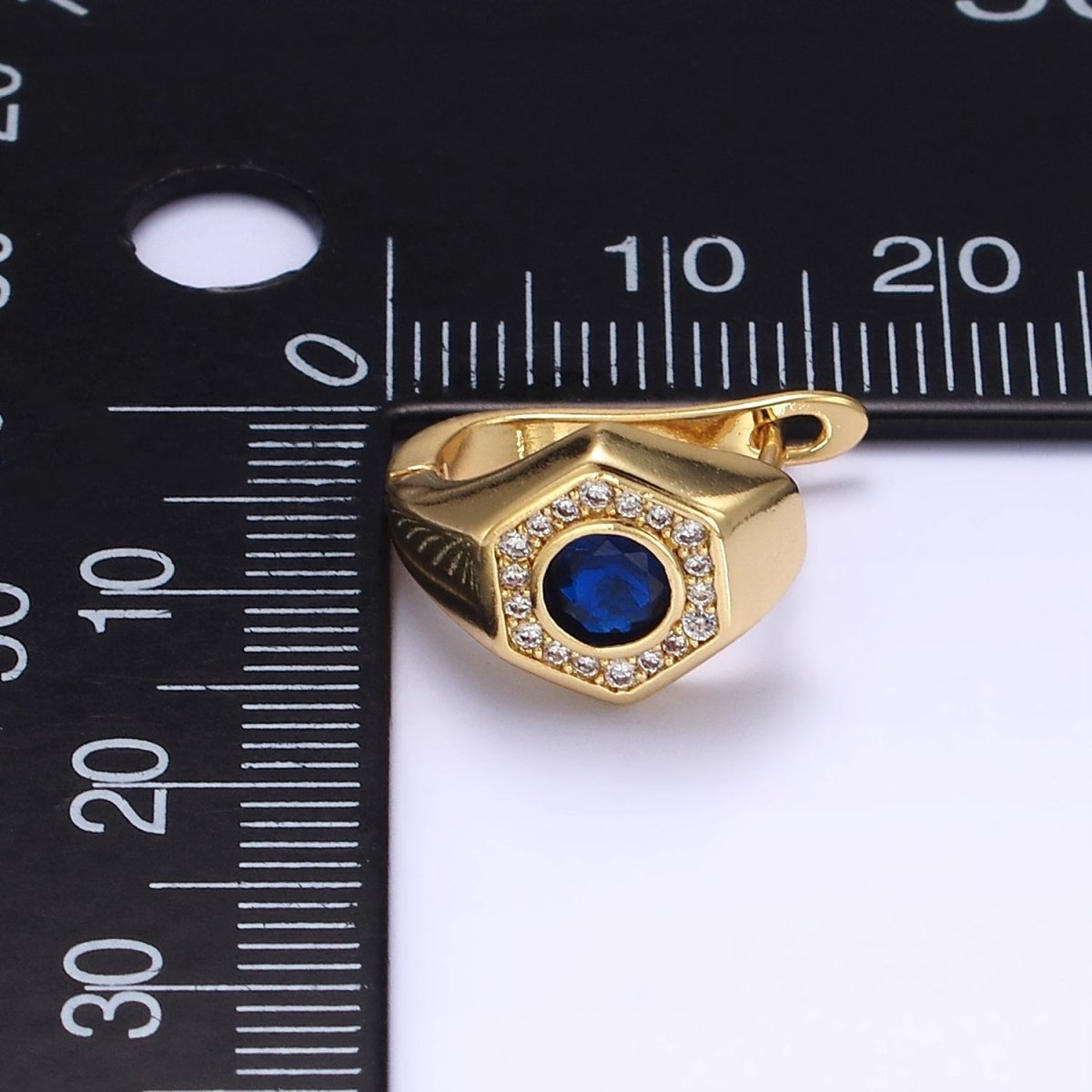 14K Gold Filled Clear, Blue CZ Micro Paved Hexagon English Lock Earrings | AB1178 AB1179 - DLUXCA
