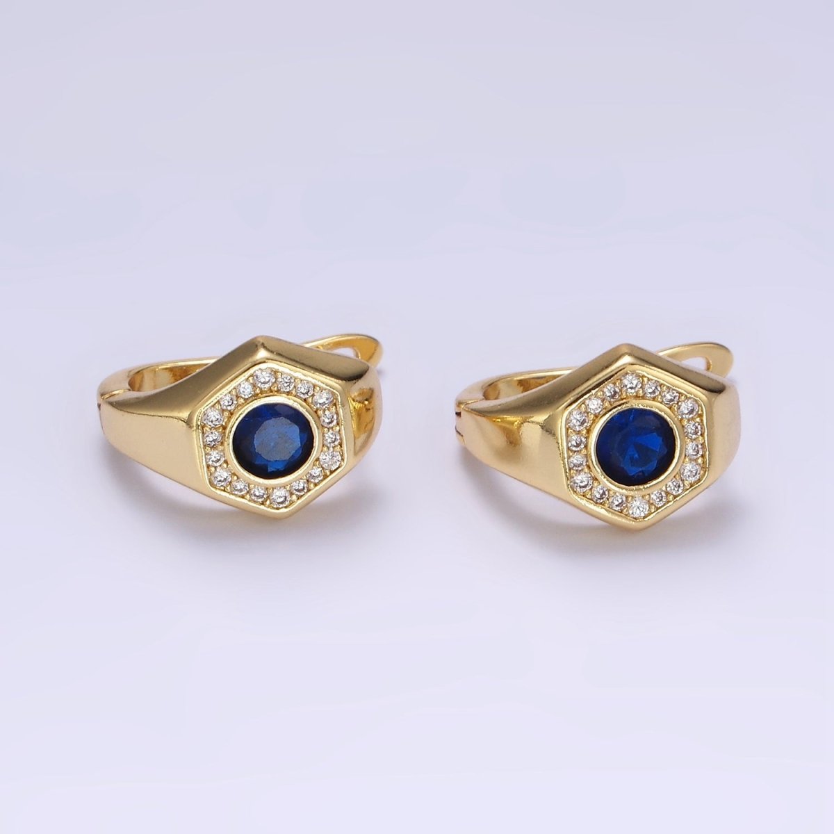 14K Gold Filled Clear, Blue CZ Micro Paved Hexagon English Lock Earrings | AB1178 AB1179 - DLUXCA