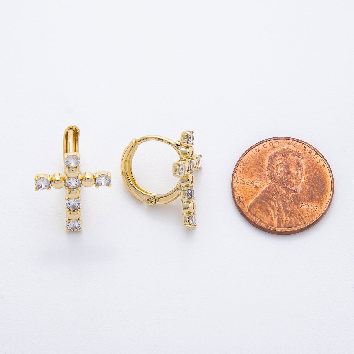 14K Gold Filled Clear CZ Beaded Bubble Religious Cross Huggie Earrings | AJ239 - DLUXCA