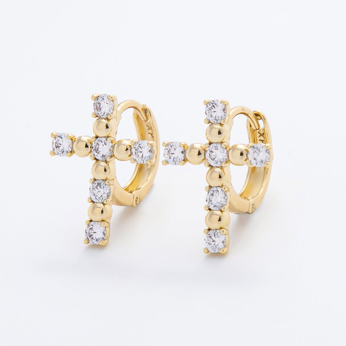 14K Gold Filled Clear CZ Beaded Bubble Religious Cross Huggie Earrings | AJ239 - DLUXCA