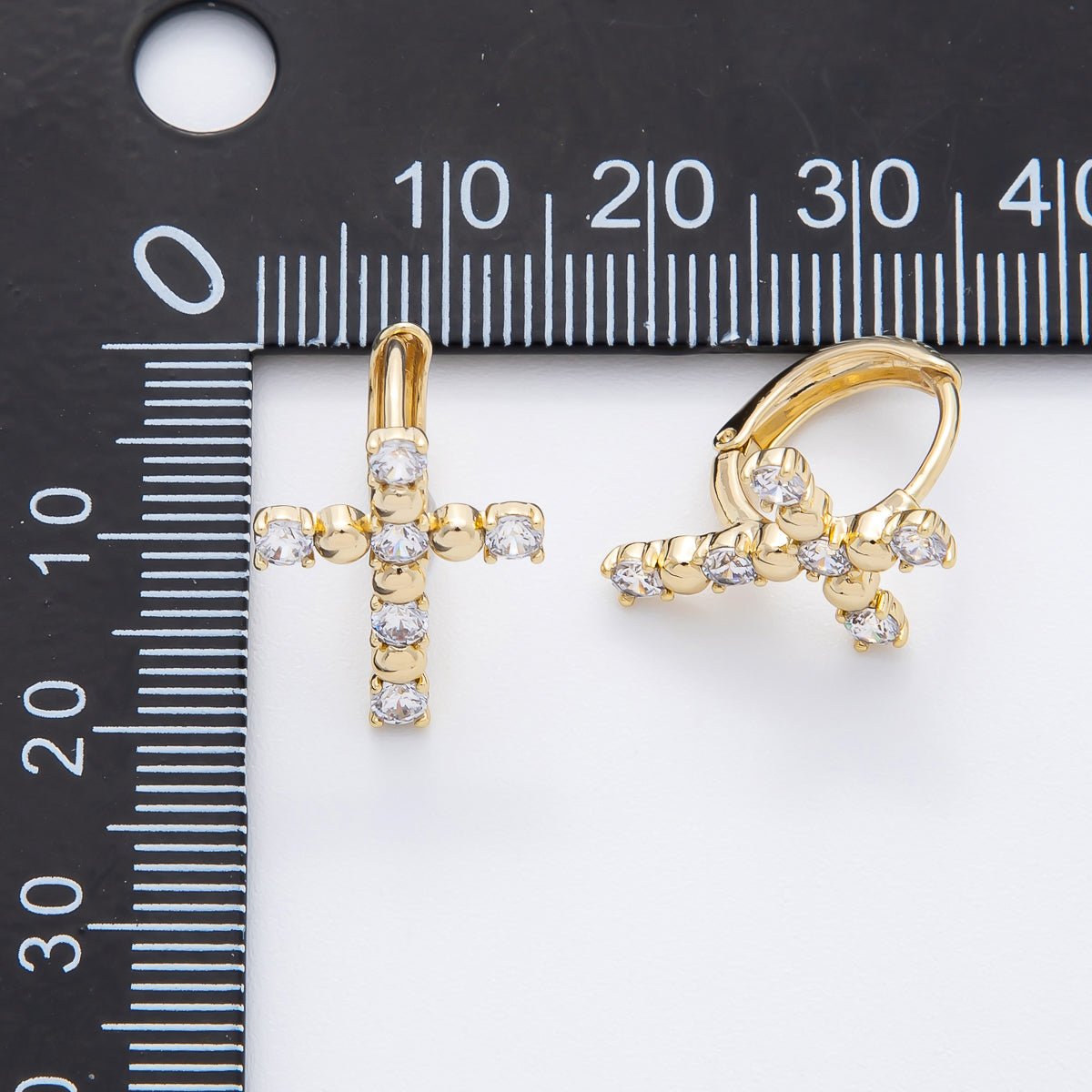 14K Gold Filled Clear CZ Beaded Bubble Religious Cross Huggie Earrings | AJ239 - DLUXCA