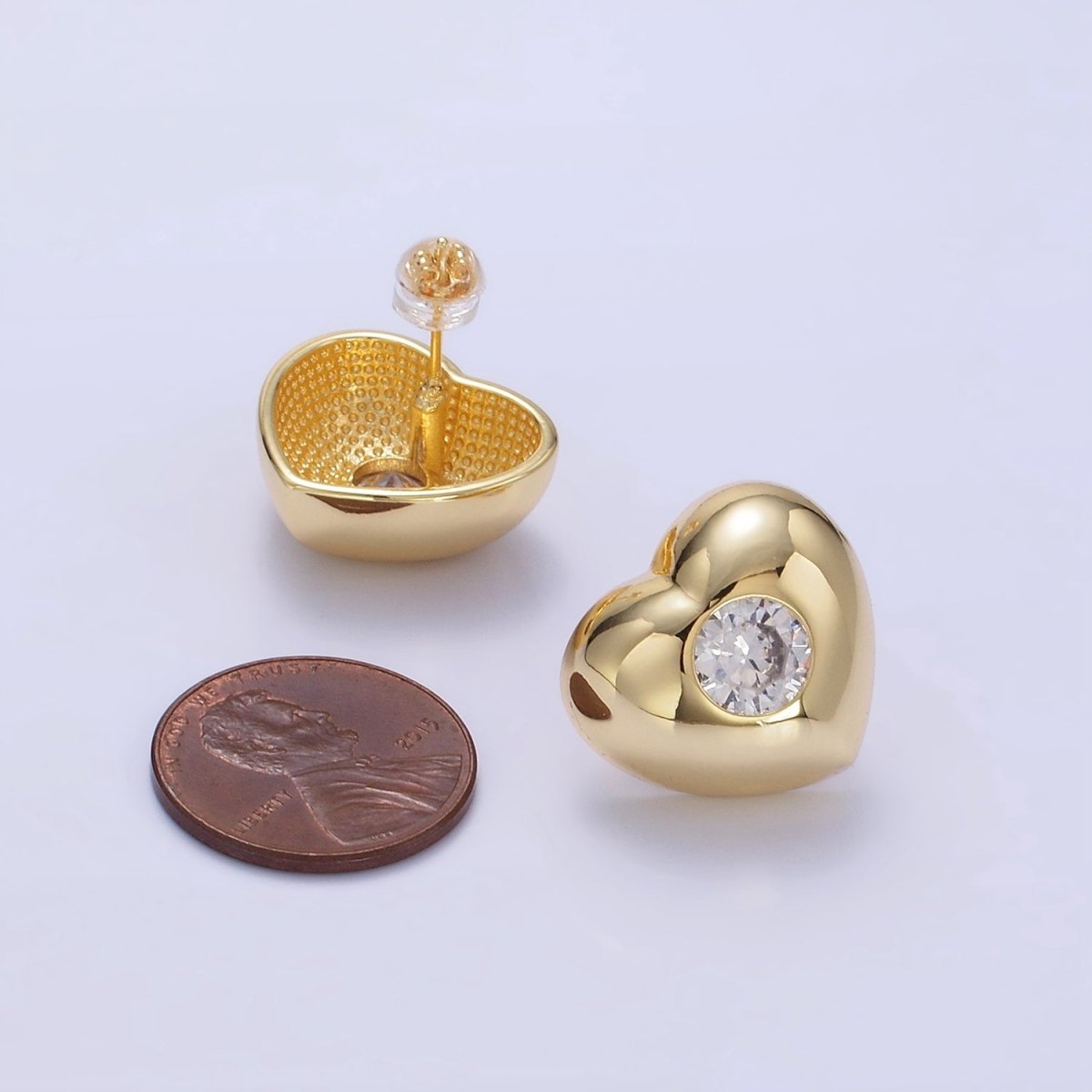14K Gold Filled Clear CZ Heart Dome Stud Earrings in Gold & Silver | T098 - DLUXCA