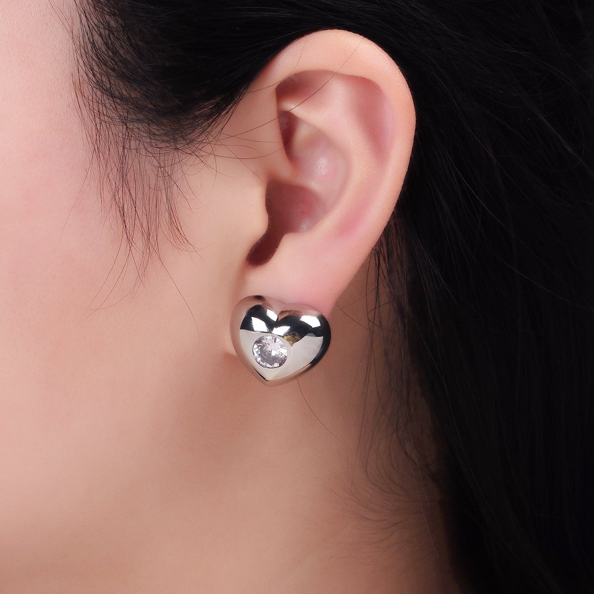 14K Gold Filled Clear CZ Heart Dome Stud Earrings in Gold & Silver | T098 T099 - DLUXCA