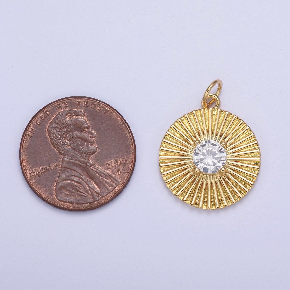 14K Gold Filled Clear CZ Sunburst Textured Round Charm | N800 - DLUXCA