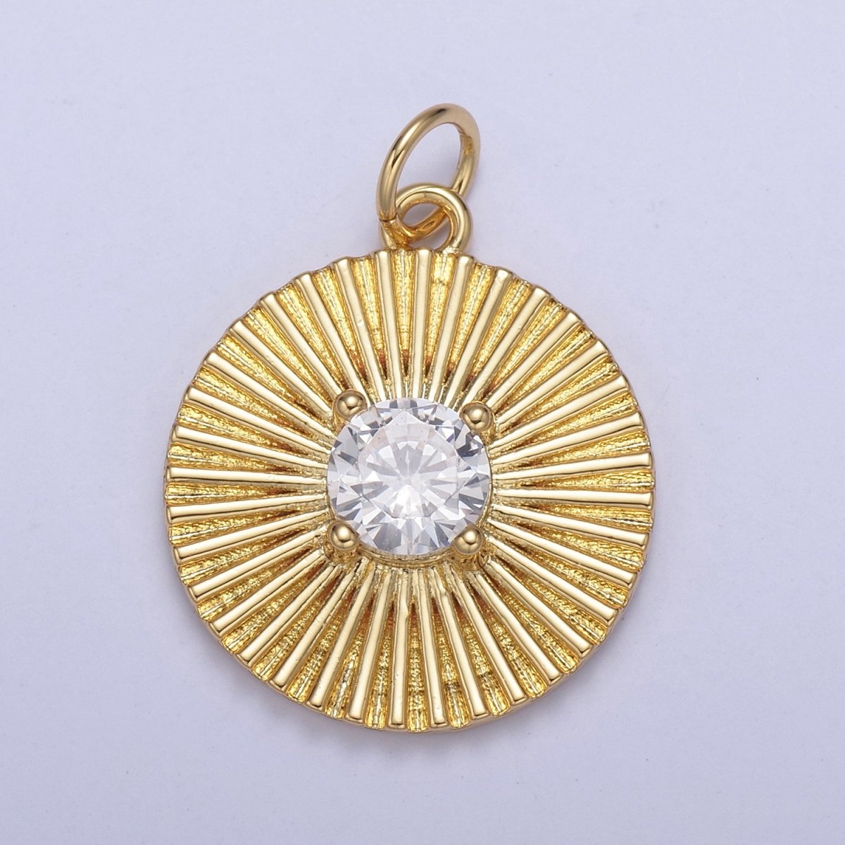 14K Gold Filled Clear CZ Sunburst Textured Round Charm | N800 - DLUXCA