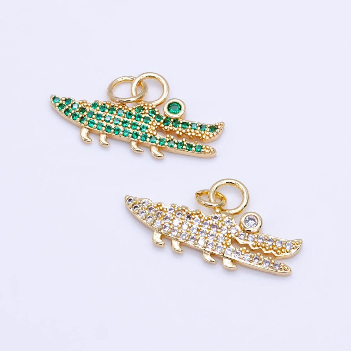14K Gold Filled Clear. Green Micro Paved CZ Crocodile Charm | C648 - DLUXCA