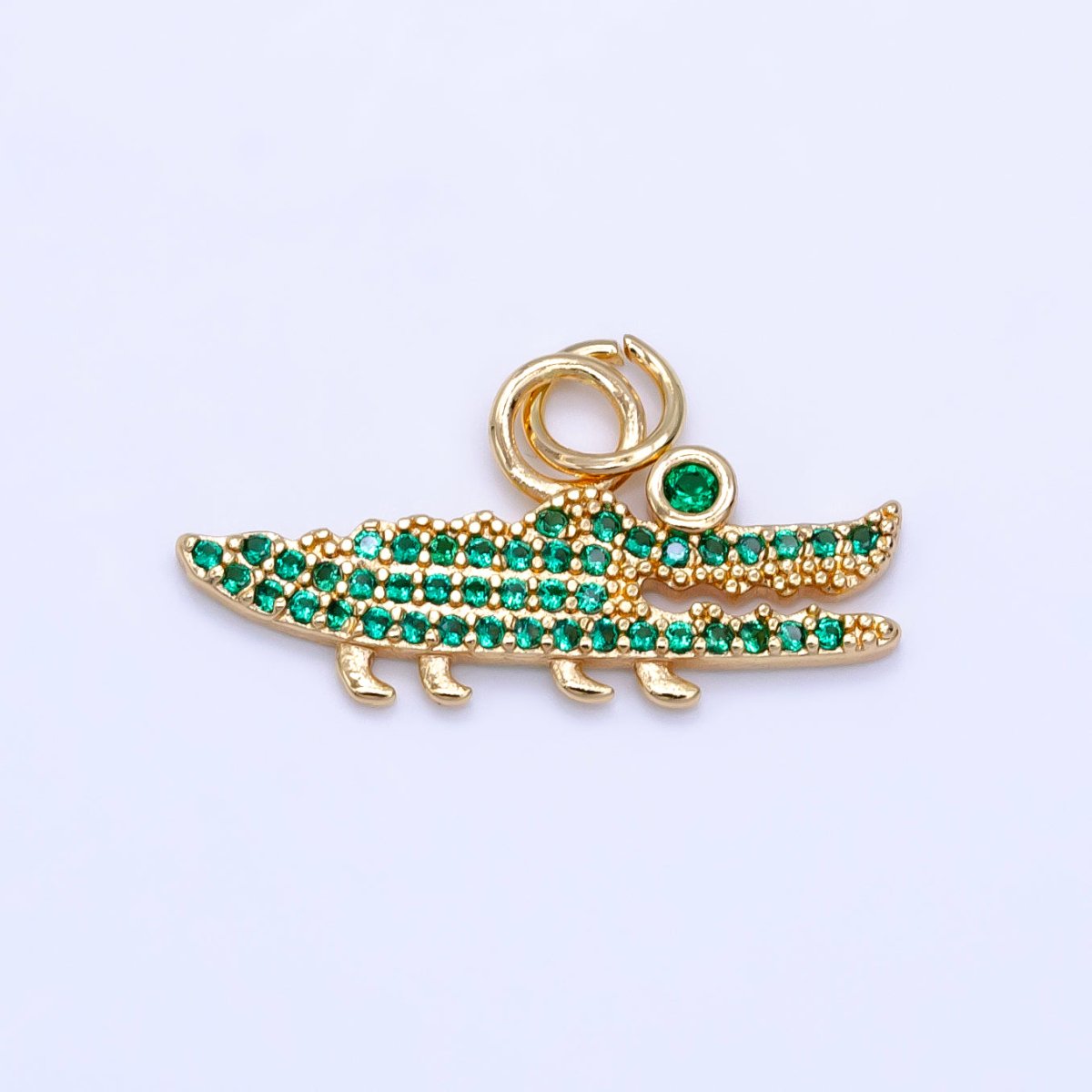 14K Gold Filled Clear. Green Micro Paved CZ Crocodile Charm | C648 - DLUXCA
