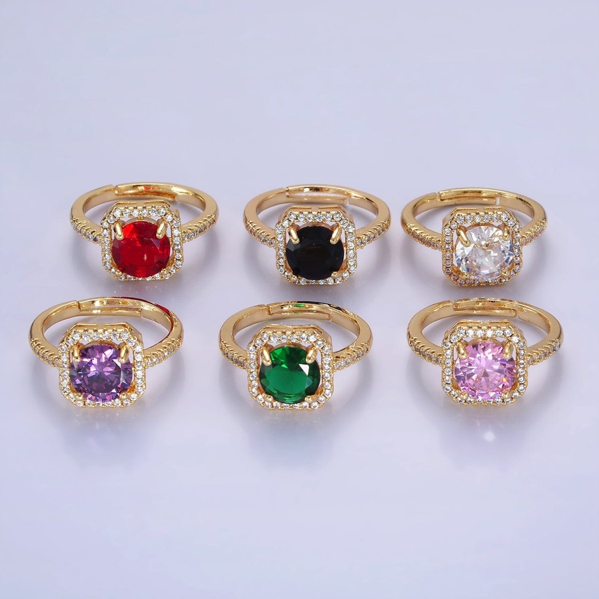 14K Gold Filled Clear, Purple, Green, Pink, Black, Red CZ Micro Paved Square Edged Ring | O1362 - O1367 - DLUXCA