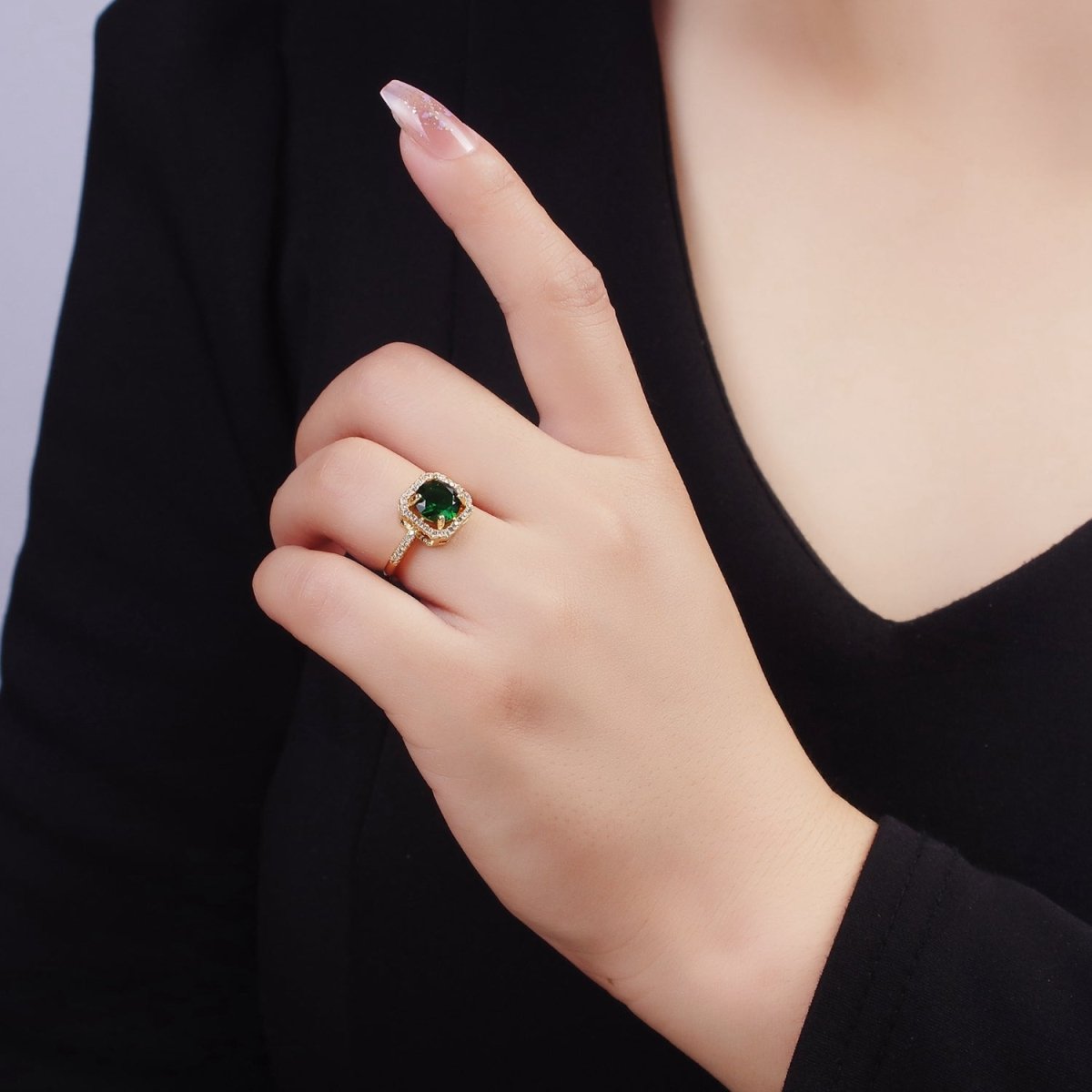 14K Gold Filled Clear, Purple, Green, Pink, Black, Red CZ Micro Paved Square Edged Ring | O1362 - O1367 - DLUXCA