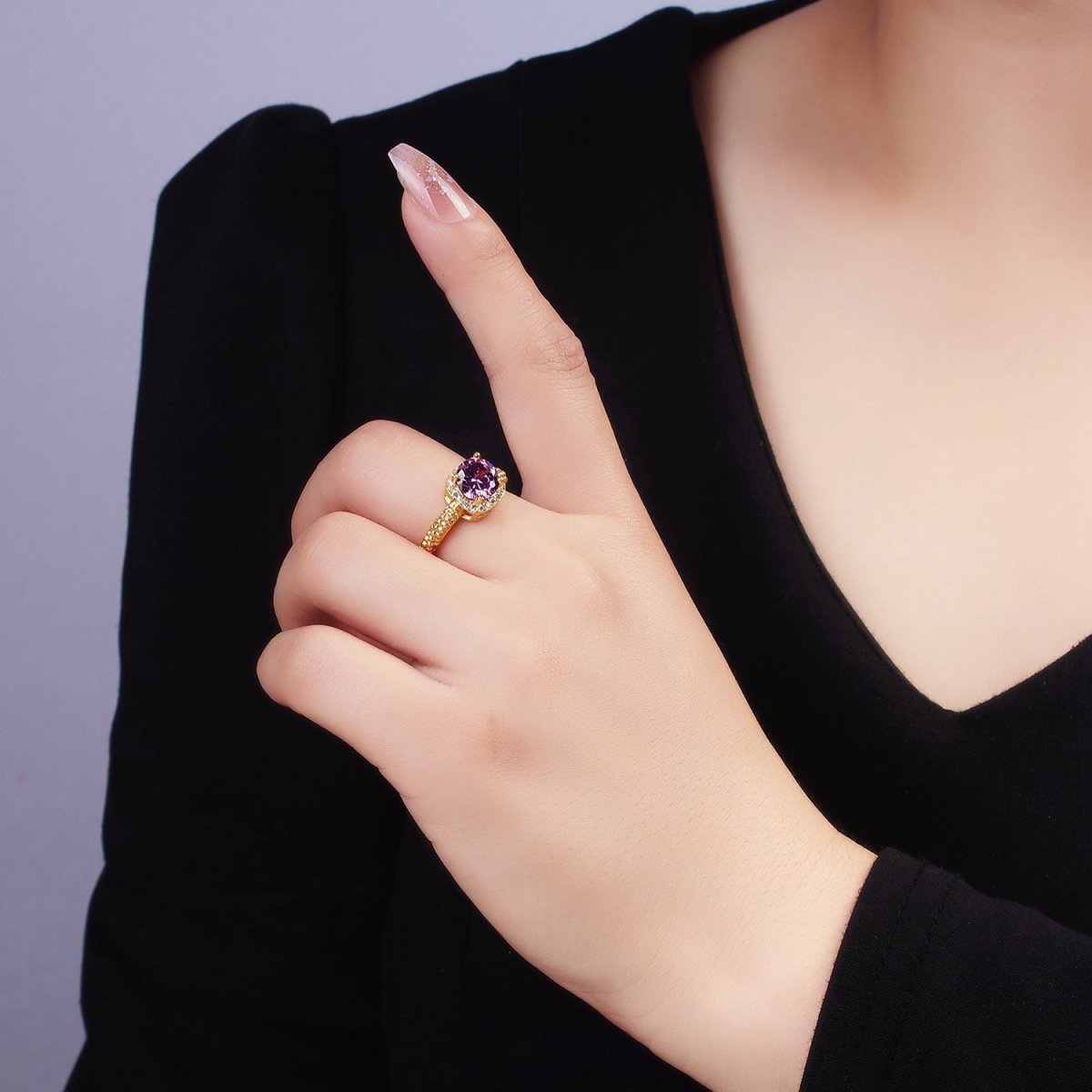 14K Gold Filled Clear, Purple, Green, Pink, Black, Red CZ Solitaire Bubble Ring | O1373 - O1378 - DLUXCA