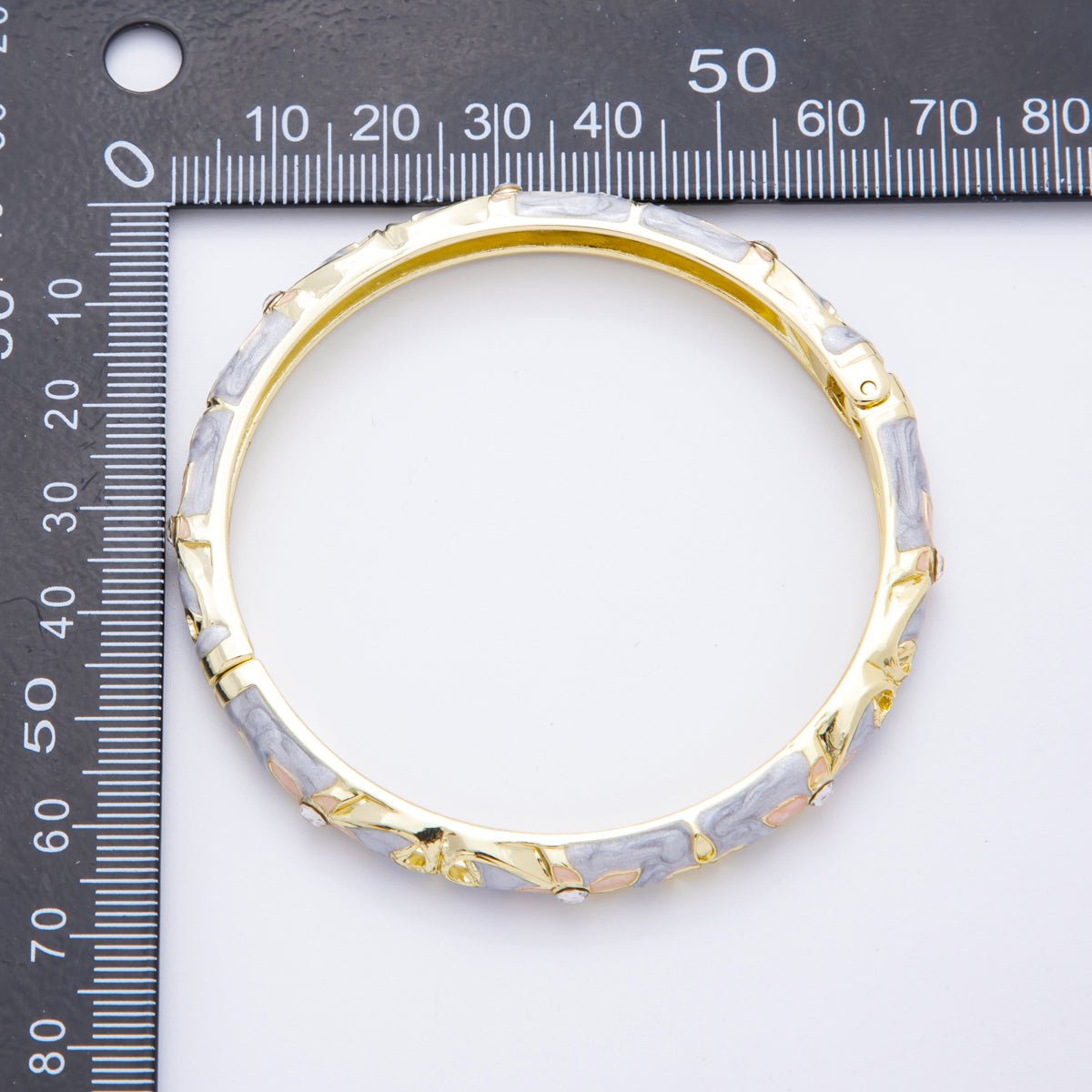 14K Gold Filled Clear Round CZ Enamel Ivy Garden Floral Open Round Bangle Bracelet in Blue, Pink, & Green | WA - A3773 - WA - A3778 - DLUXCA