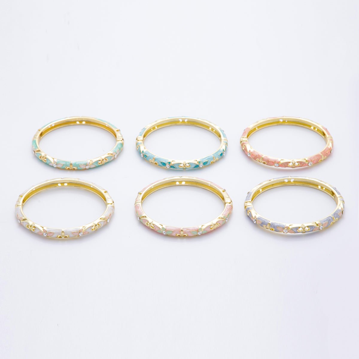 14K Gold Filled Clear Round CZ Enamel Ivy Garden Floral Open Round Bangle Bracelet in Blue, Pink, & Green | WA - A3773 - WA - A3778 - DLUXCA