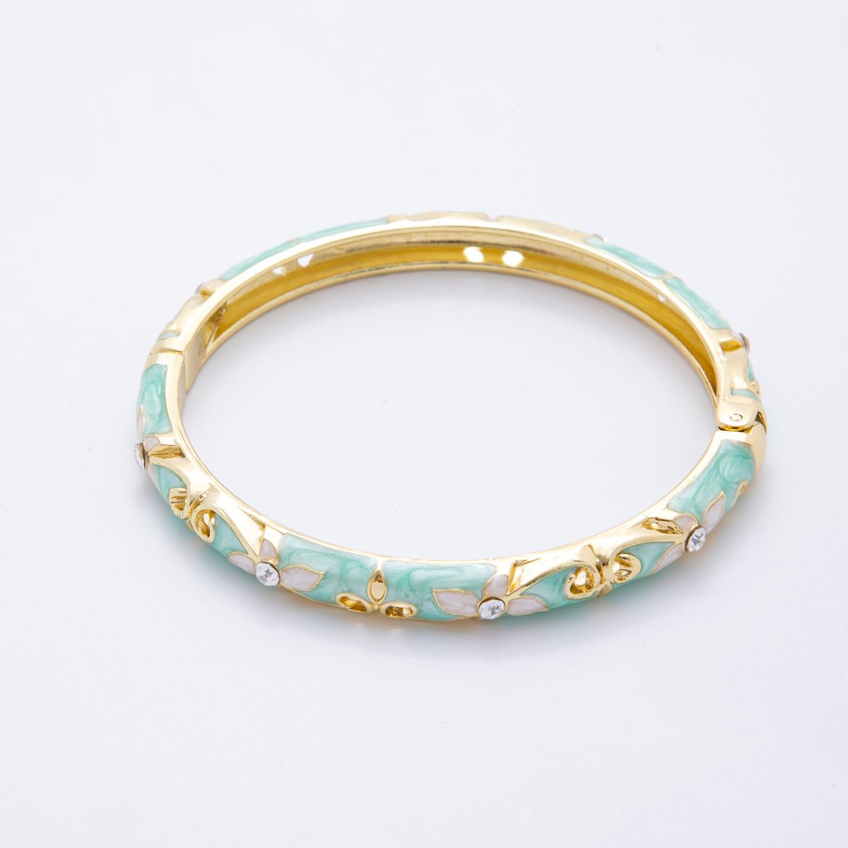 14K Gold Filled Clear Round CZ Enamel Ivy Garden Floral Open Round Bangle Bracelet in Blue, Pink, & Green | WA - A3773 - WA - A3778 - DLUXCA