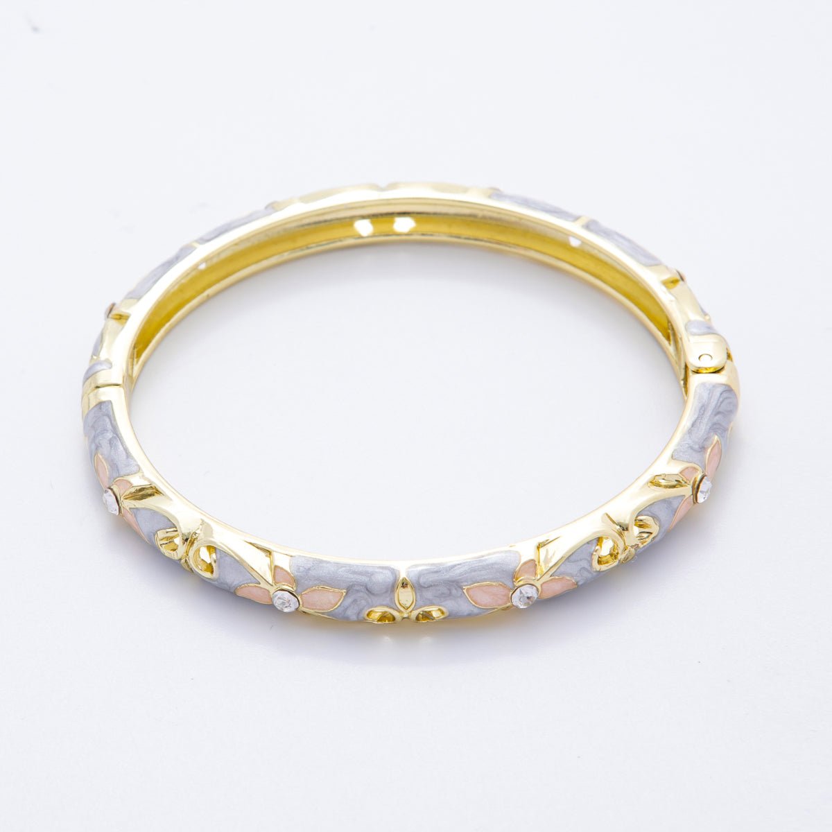 14K Gold Filled Clear Round CZ Enamel Ivy Garden Floral Open Round Bangle Bracelet in Blue, Pink, & Green | WA - A3773 - WA - A3778 - DLUXCA