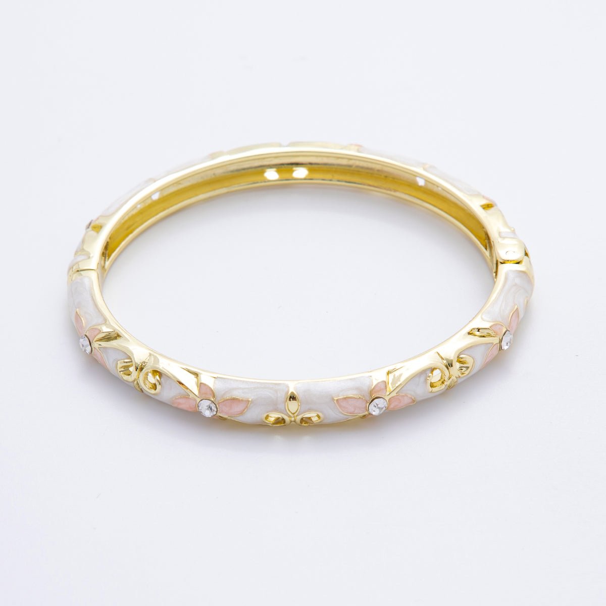 14K Gold Filled Clear Round CZ Enamel Ivy Garden Floral Open Round Bangle Bracelet in Blue, Pink, & Green | WA - A3773 - WA - A3778 - DLUXCA