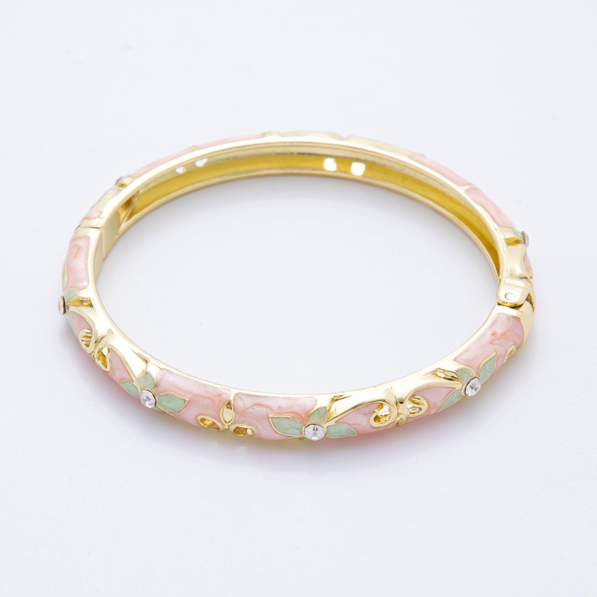 14K Gold Filled Clear Round CZ Enamel Ivy Garden Floral Open Round Bangle Bracelet in Blue, Pink, & Green | WA - A3773 - WA - A3778 - DLUXCA