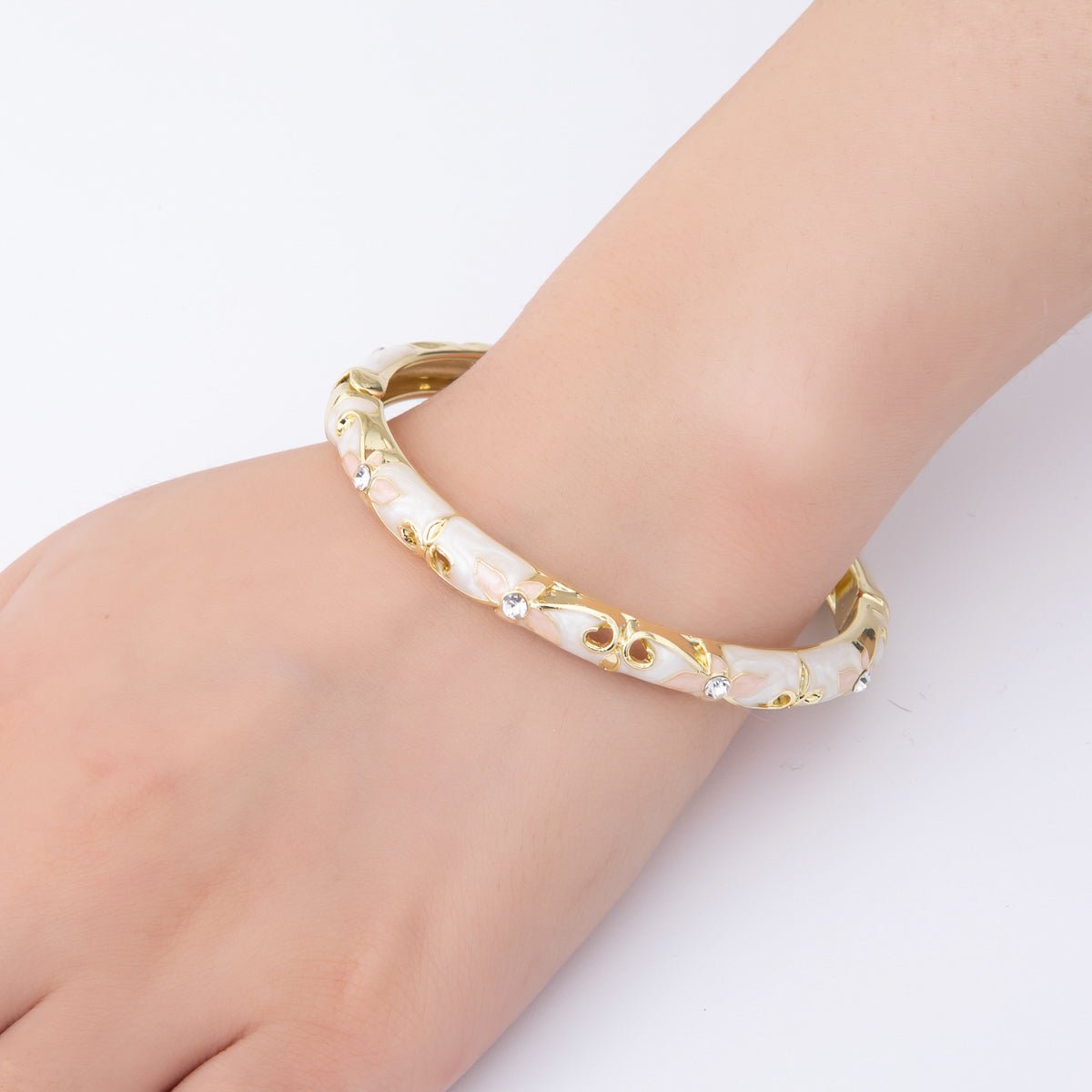 14K Gold Filled Clear Round CZ Enamel Ivy Garden Floral Open Round Bangle Bracelet in Blue, Pink, & Green | WA - A3773 - WA - A3778 - DLUXCA