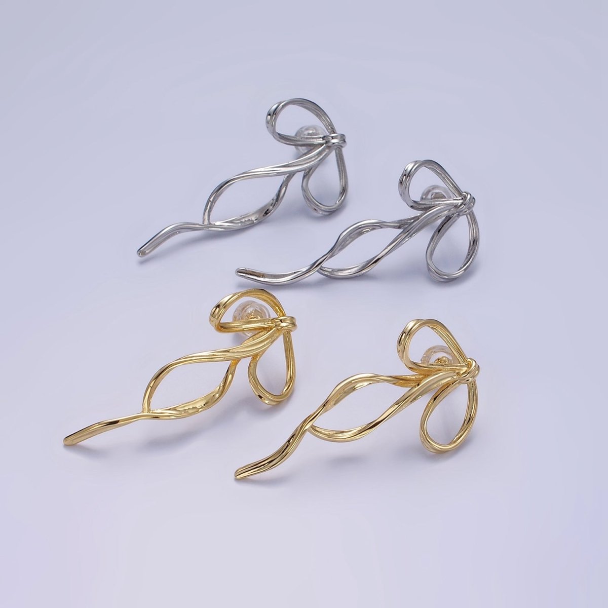 14K Gold Filled Curved Tied Ribbon Bow Stud Earrings in Gold & Silver | Q170 Q171 - DLUXCA