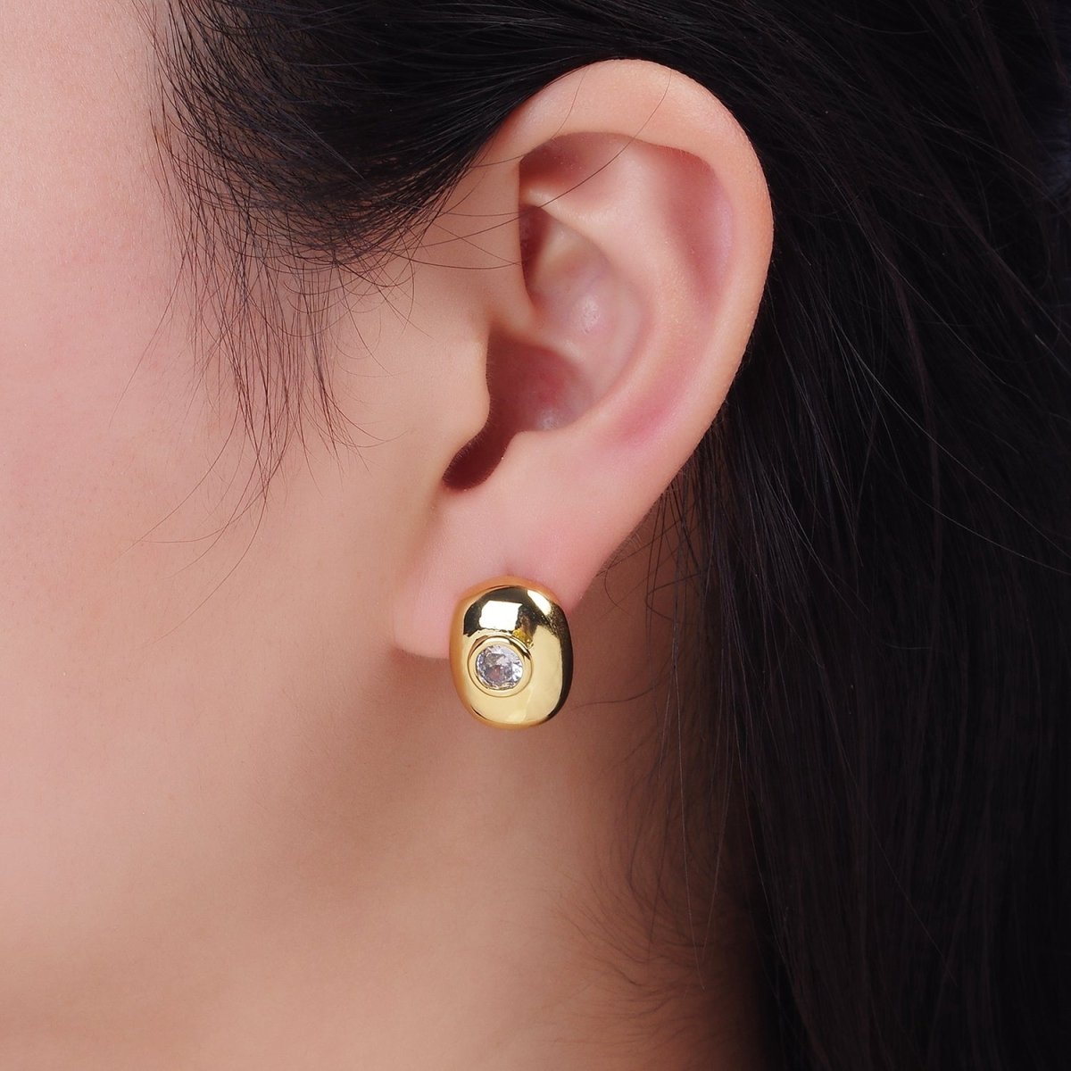 14K Gold Filled CZ Rounded Oblong Dome Stud Earrings in Gold & Silver | Q133 Q134 - DLUXCA