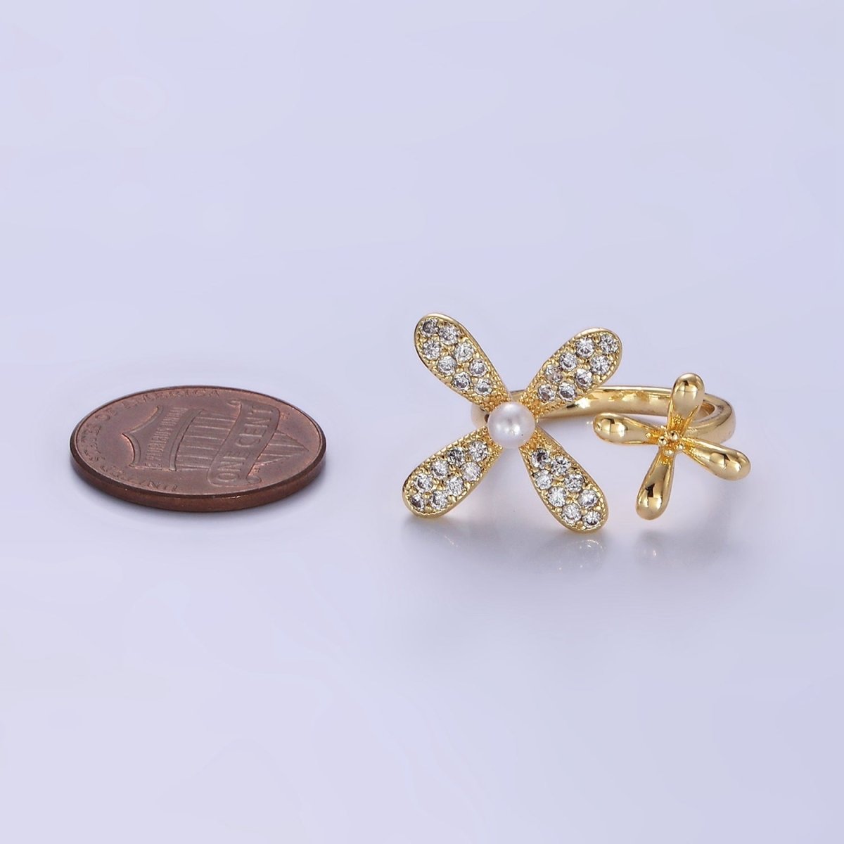 14K Gold Filled Double Flower Pearl Micro Paved Wrap Ring | O115 - DLUXCA