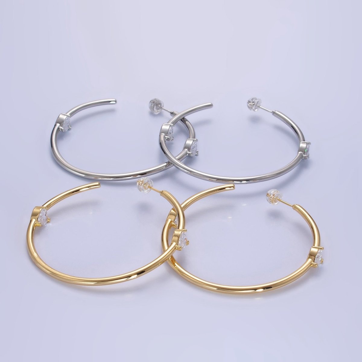 14K Gold Filled Double Heart CZ C-Shaped Hoop Earrings in Gold & Silver | Q069 - DLUXCA