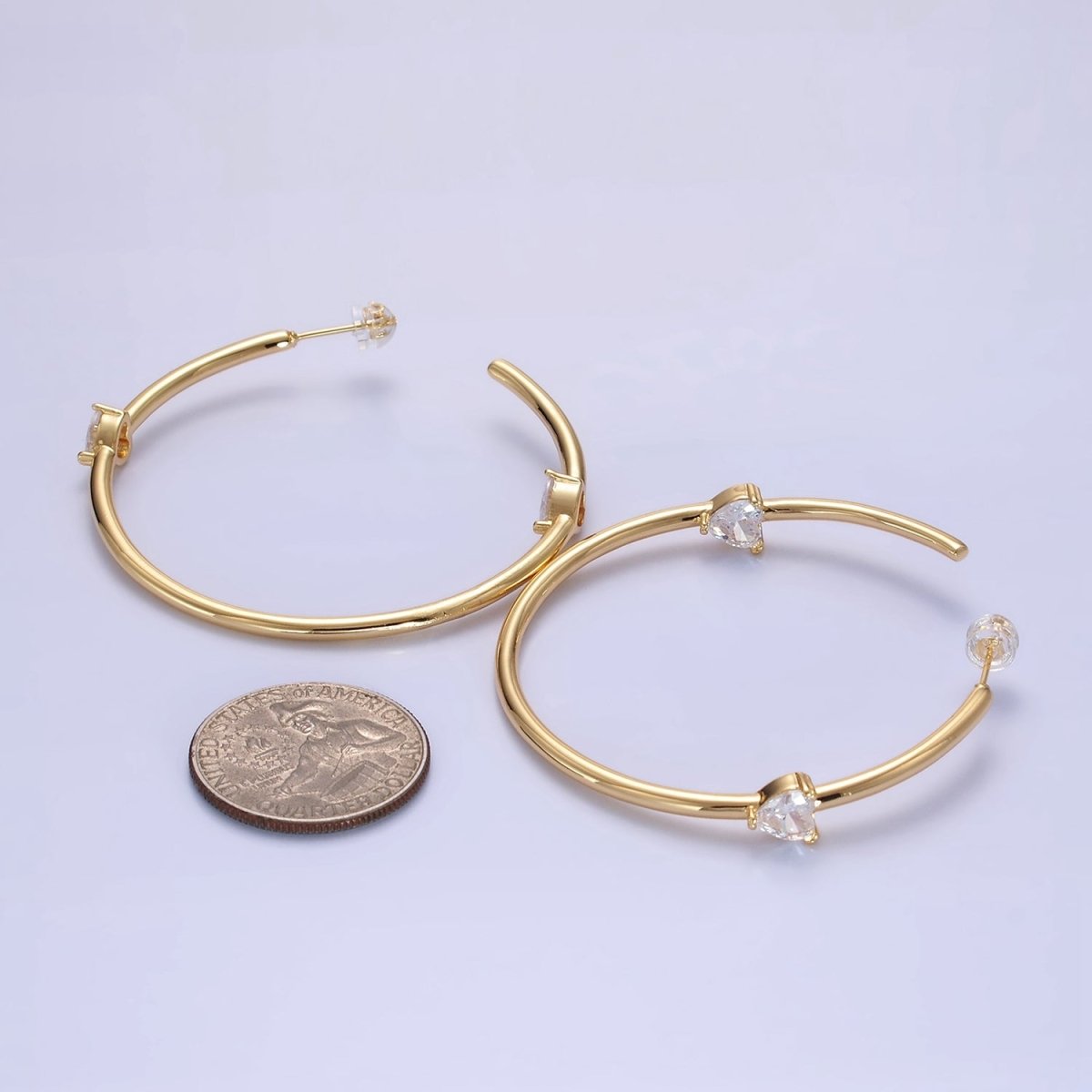 14K Gold Filled Double Heart CZ C-Shaped Hoop Earrings in Gold & Silver | Q069 - DLUXCA