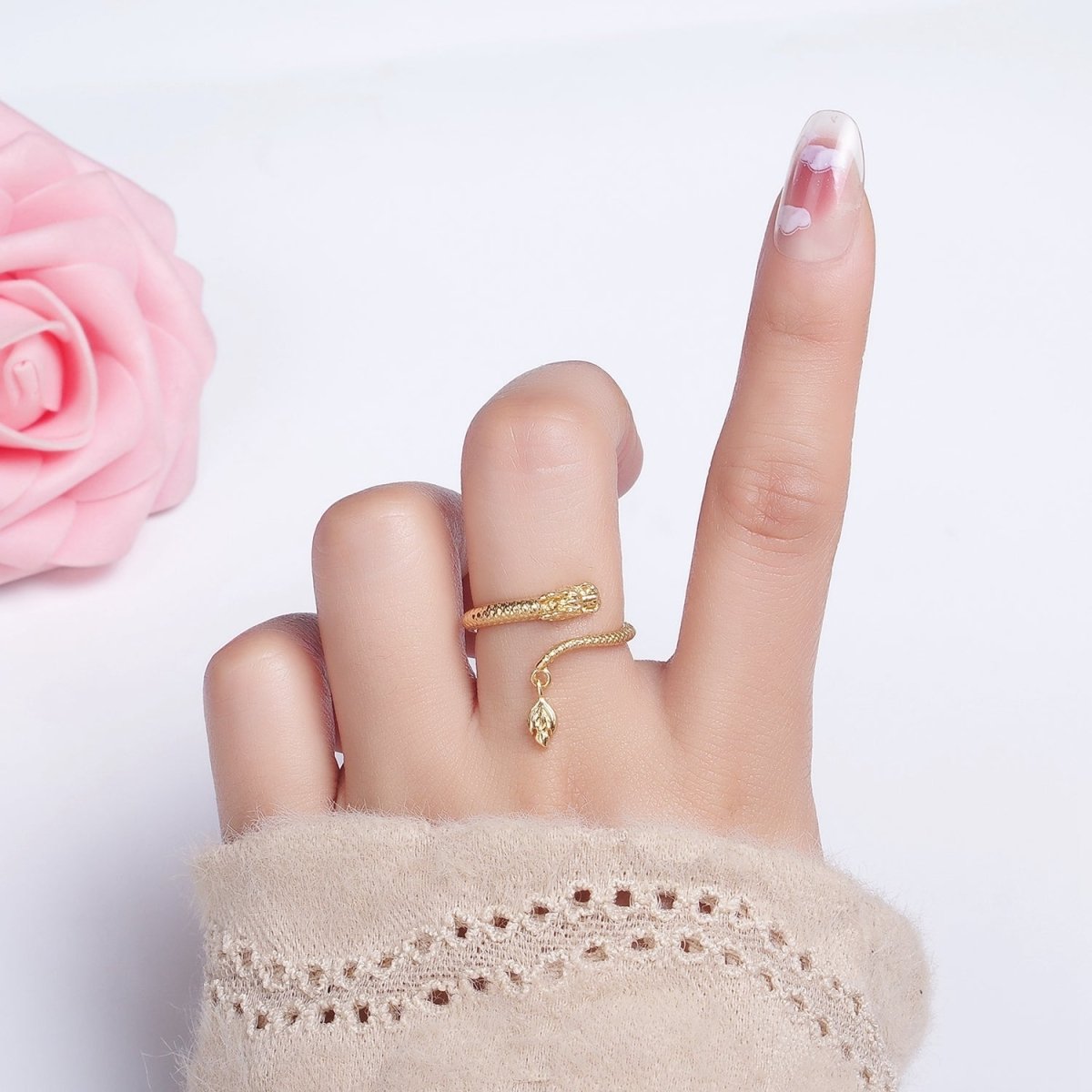 14K Gold Filled Dragon Scale-Textured Wrap Tail Drop Ring | O1359 - DLUXCA