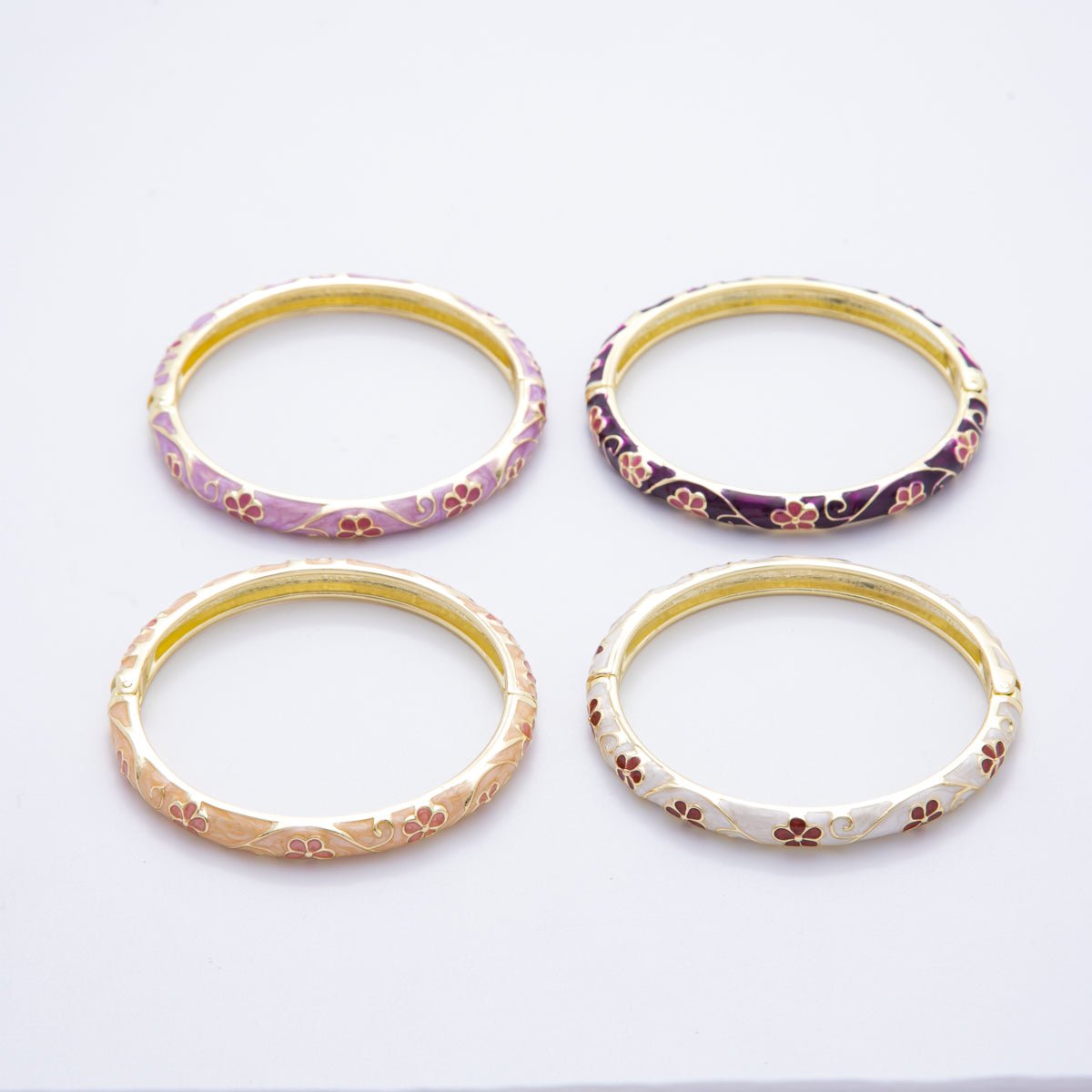 14K Gold Filled Enamel Artisan Floral Linked Open Round Bangle Bracelet in Purple, Pink, & White | WA - A3769 - WA - A3772 - DLUXCA