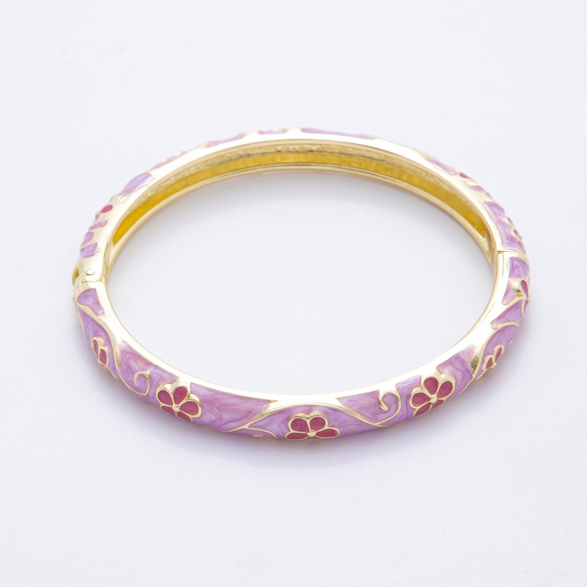 14K Gold Filled Enamel Artisan Floral Linked Open Round Bangle Bracelet in Purple, Pink, & White | WA - A3769 - WA - A3772 - DLUXCA
