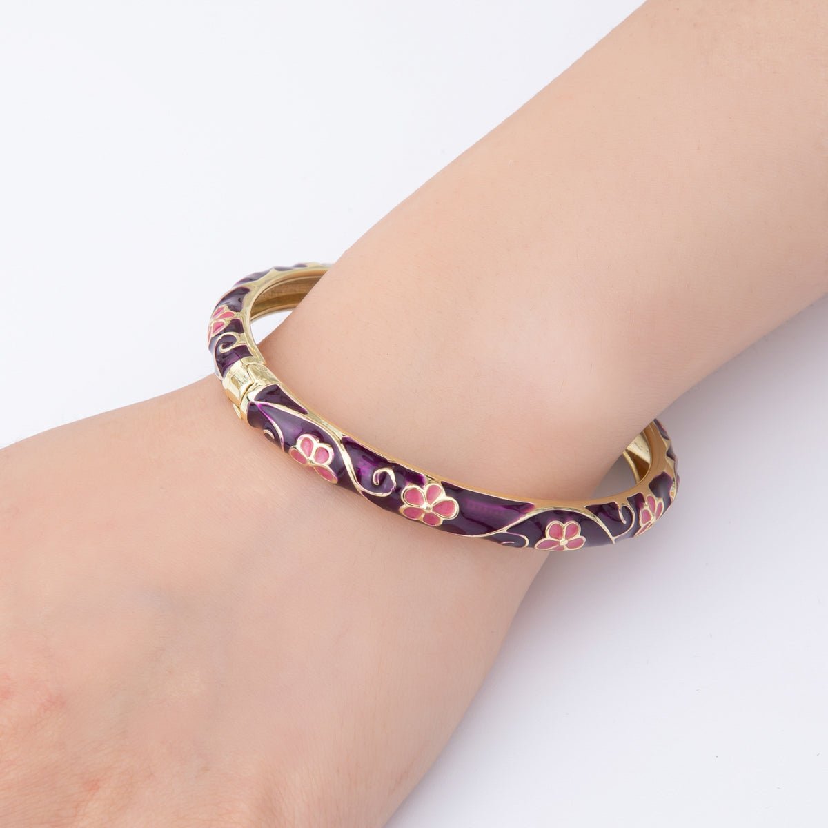 14K Gold Filled Enamel Artisan Floral Linked Open Round Bangle Bracelet in Purple, Pink, & White | WA - A3769 - WA - A3772 - DLUXCA