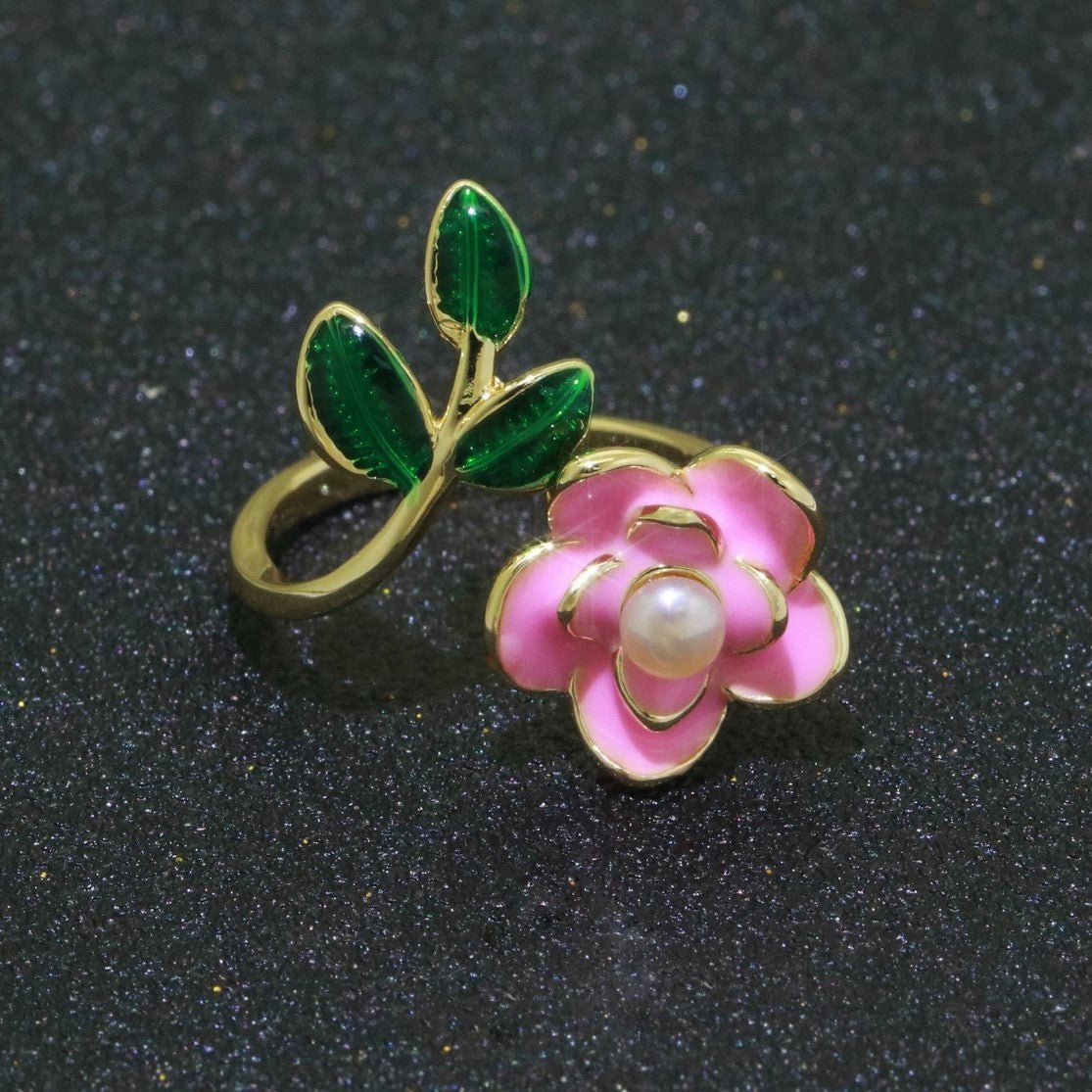 14K Gold Filled Enamel Pearl Rose Open Wrap Ring | S095 - S098 - DLUXCA