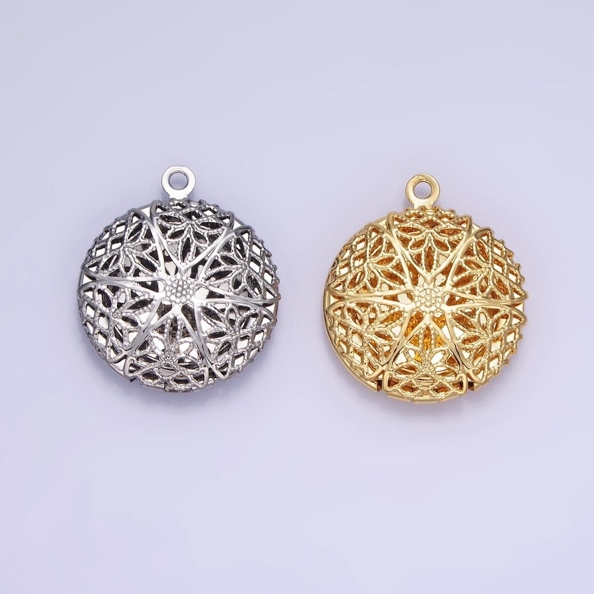 14K Gold Filled Flower Filigree Round Locket Charm in Gold & Silver | H242 - DLUXCA