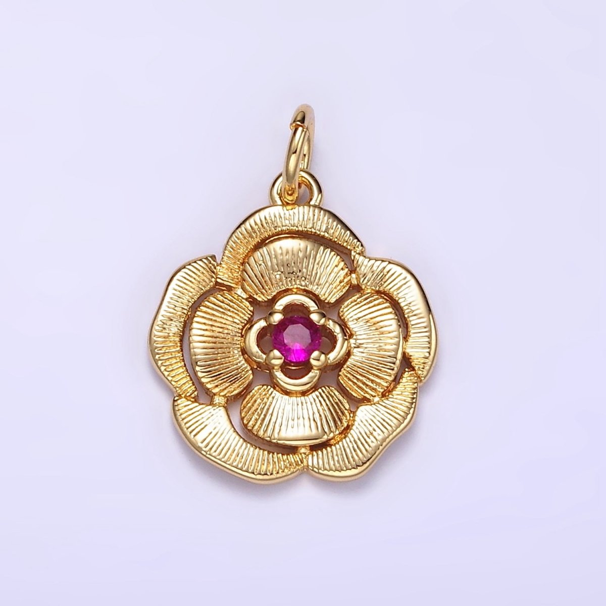 14K Gold Filled Fuchsia CZ Line-Textured Petal Flower Charm | W774 - DLUXCA