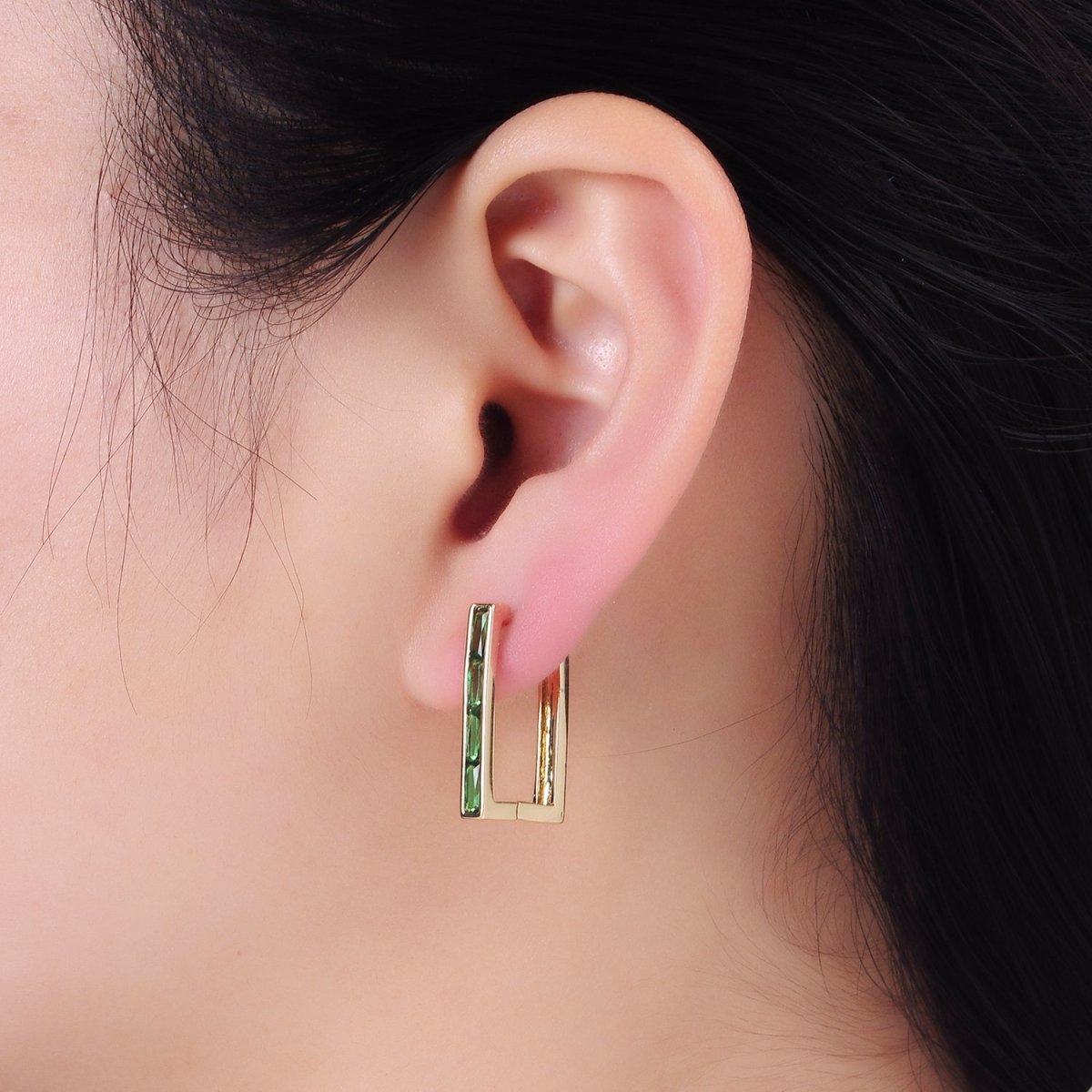 14K Gold Filled Green Baguette CZ Lined Rectangular Hoop Earrings | AB1340 - AB1342 - DLUXCA